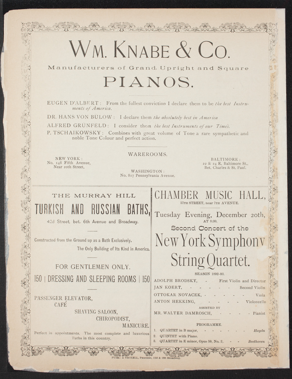 New York Symphony String Quartet, November 22, 1892, program page 4