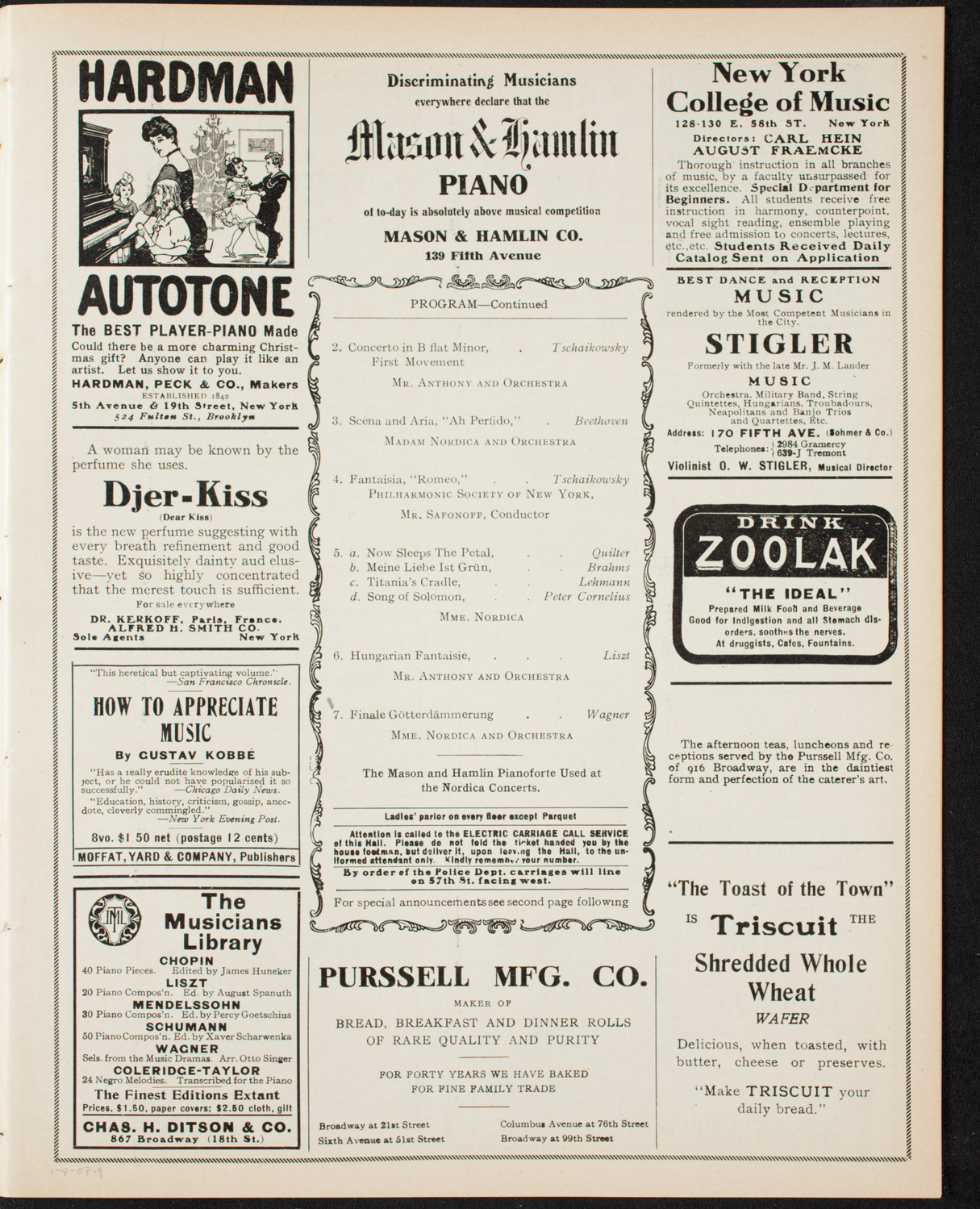 Lillian Nordica, Soprano, with the New York Philharmonic, January 8, 1907, program page 7