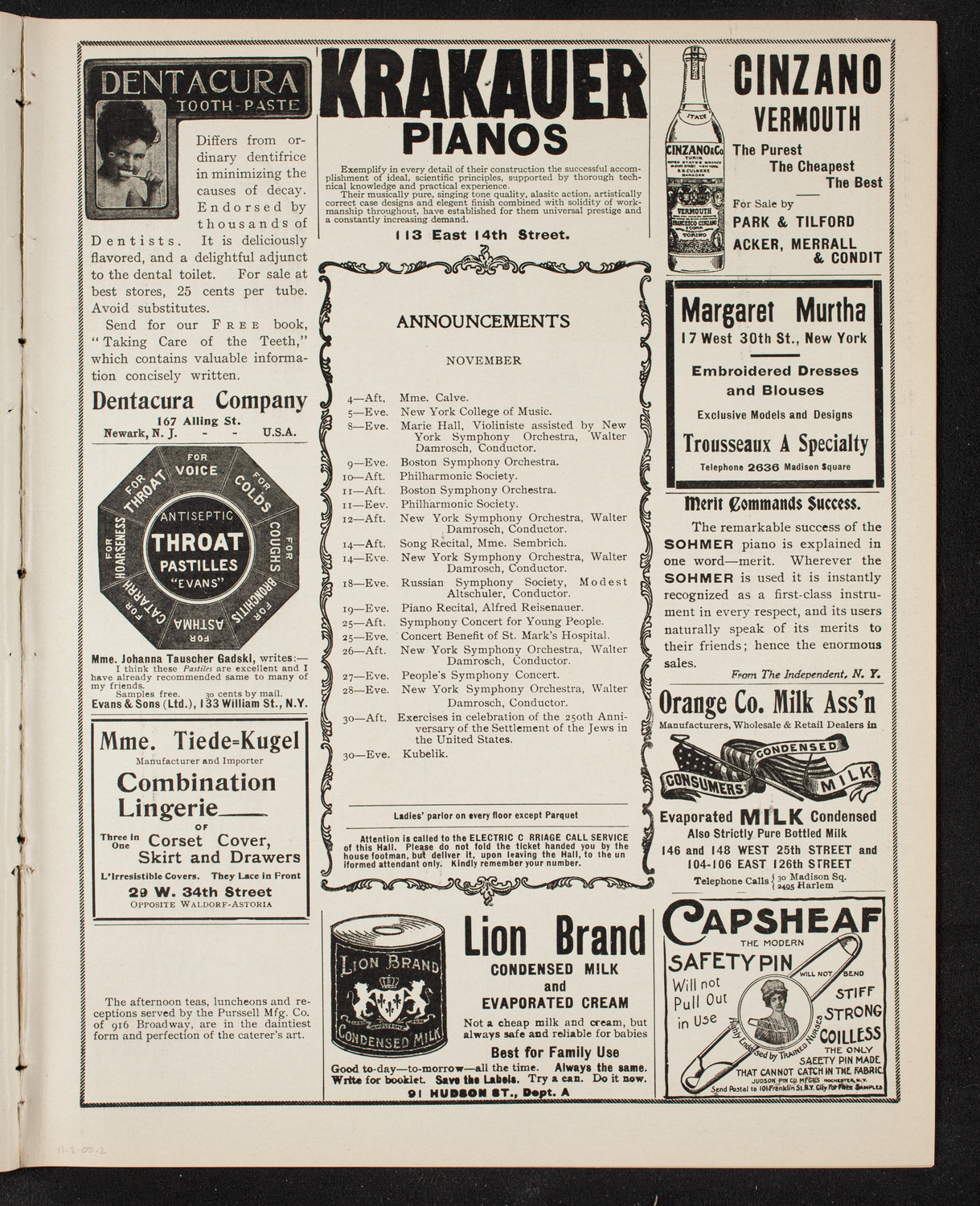 Minnie Coons with New York Symphony Orchestra, November 2, 1905, program page 3