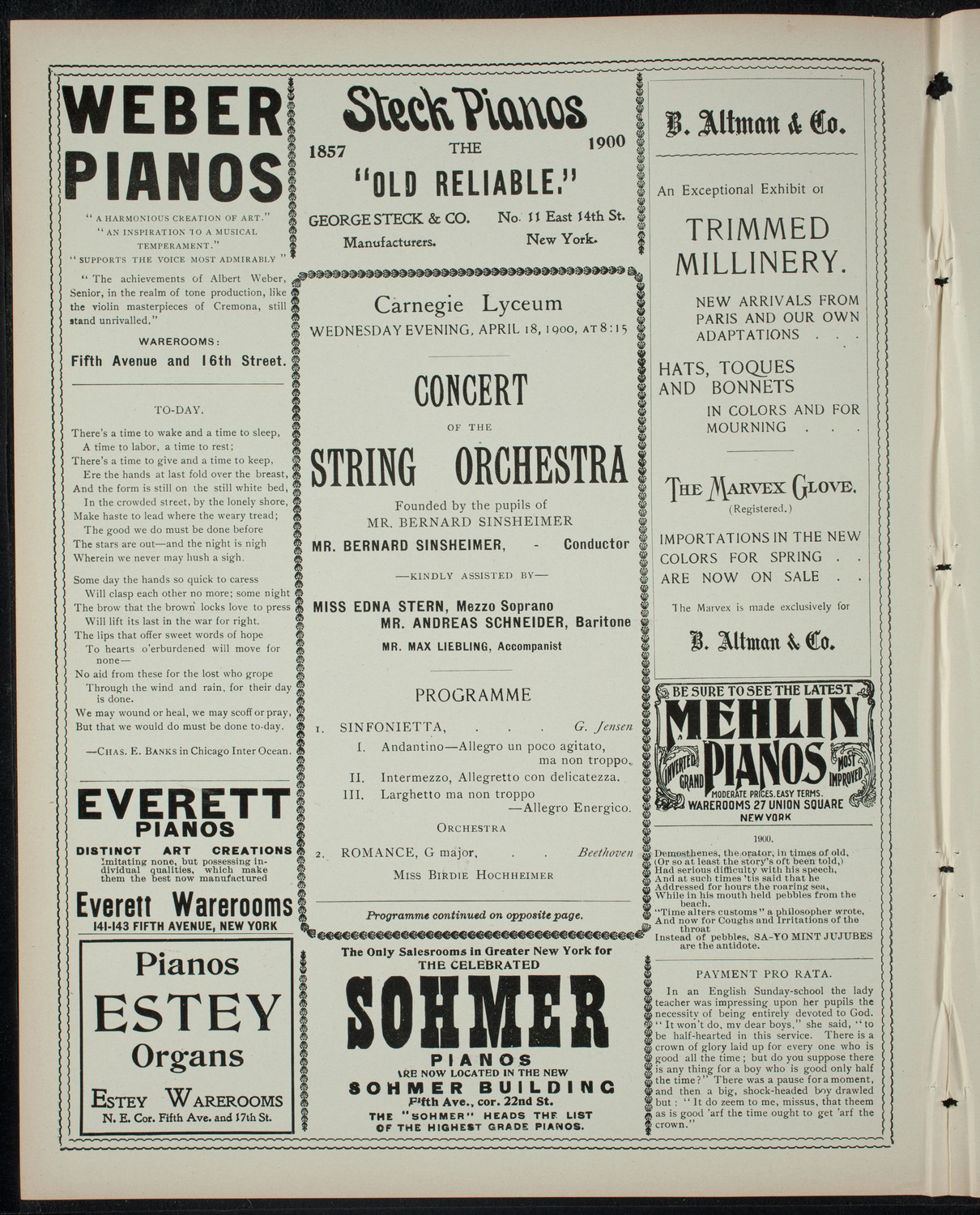 Concert of the String Orchestra Founded by the Pupils of Mr. Bernard Sinsheimer, April 18, 1900, program page 2