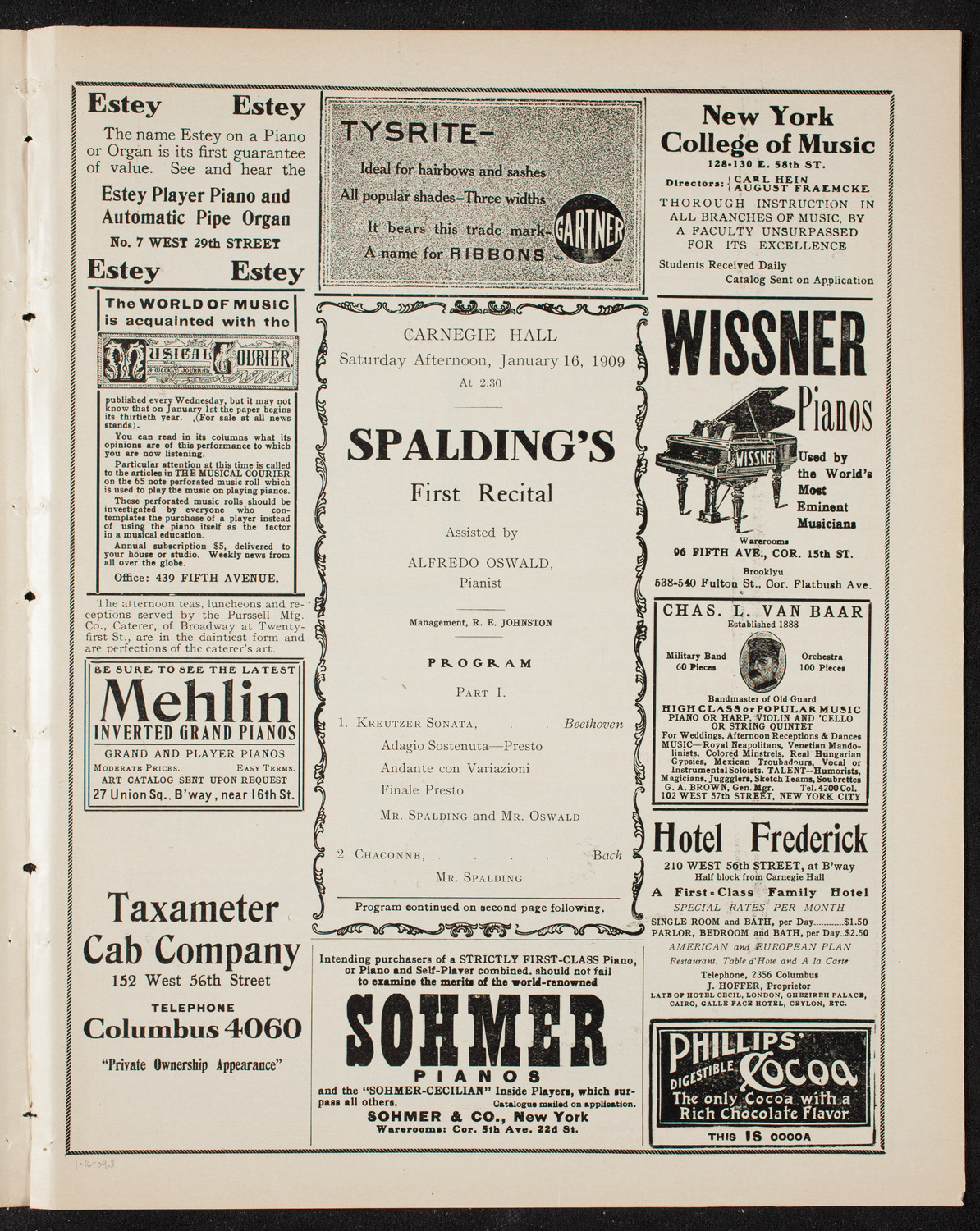 Albert Spalding, Violin, January 16, 1909, program page 5