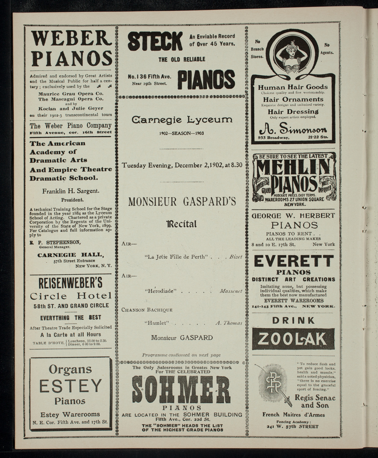Monsieur Gaspard with Leah Barbe and Paul Kefer, December 2, 1902, program page 2