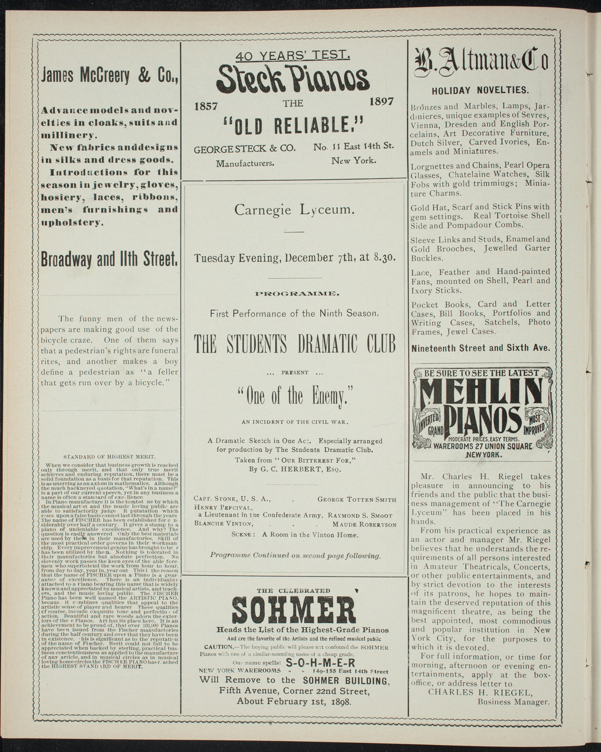 Students Dramatic Club, December 7, 1897, program page 4
