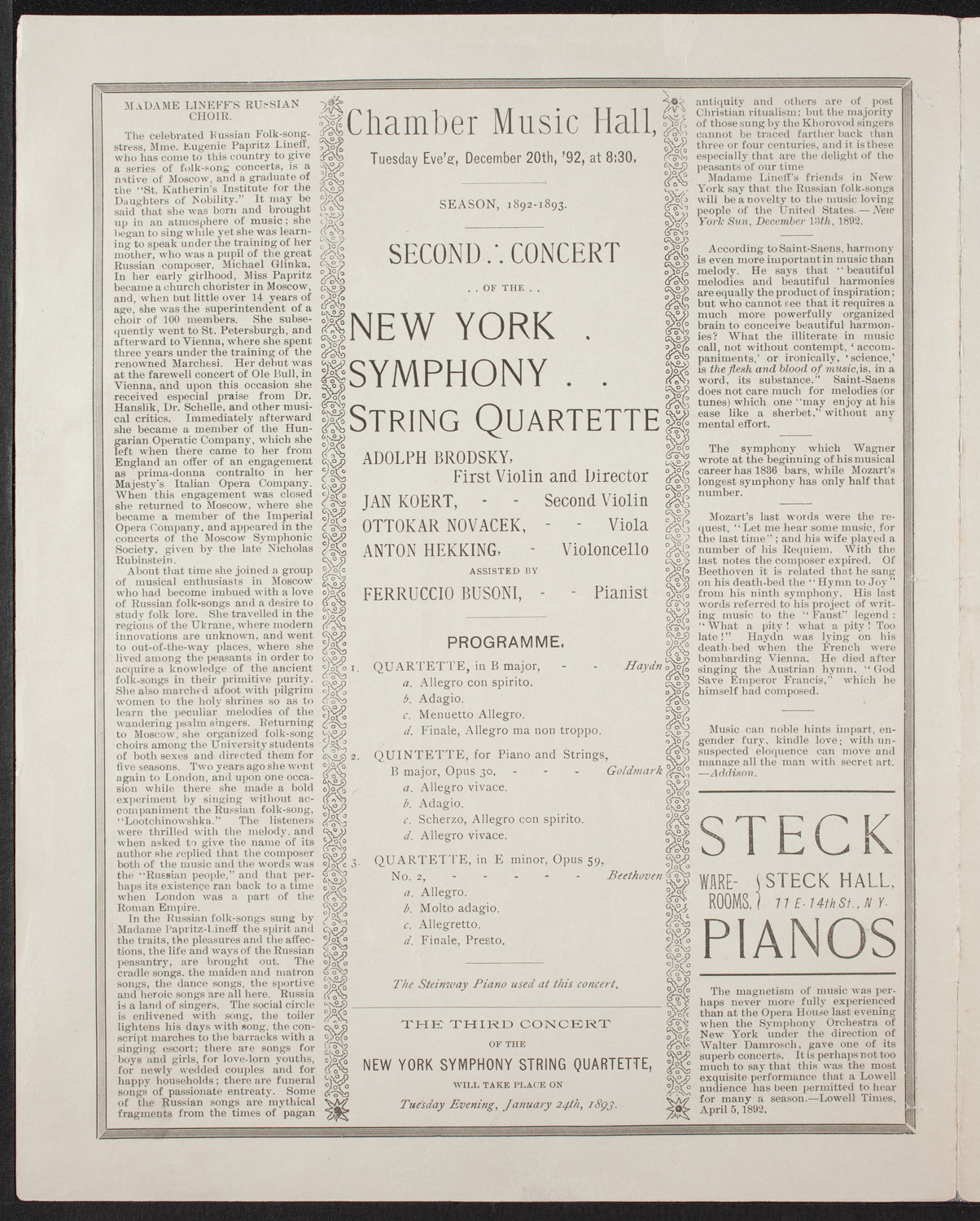 New York Symphony String Quartet, December 20, 1892, program page 2