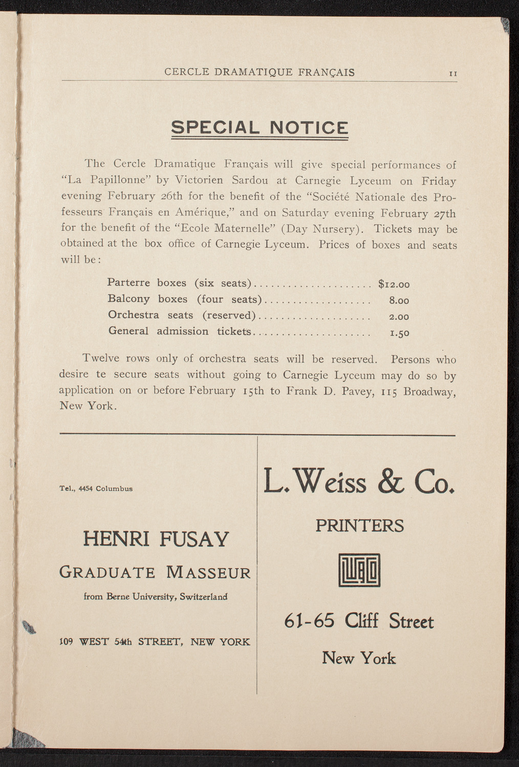 Cercle Dramatique de l'Alliance Française de New York, January 28, 1909, program page 11