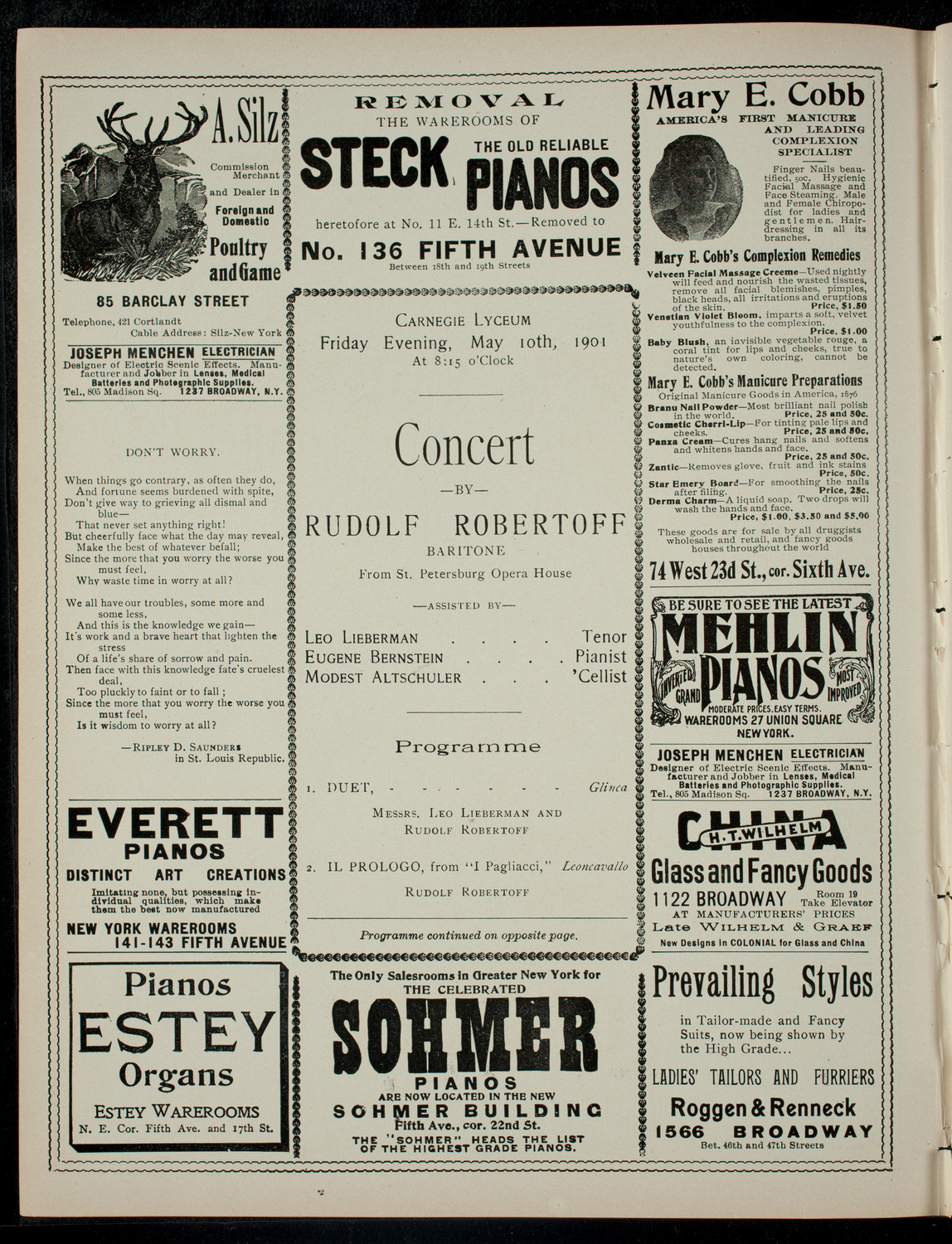 Concert by Rudolf Robertoff, May 10, 1901, program page 2