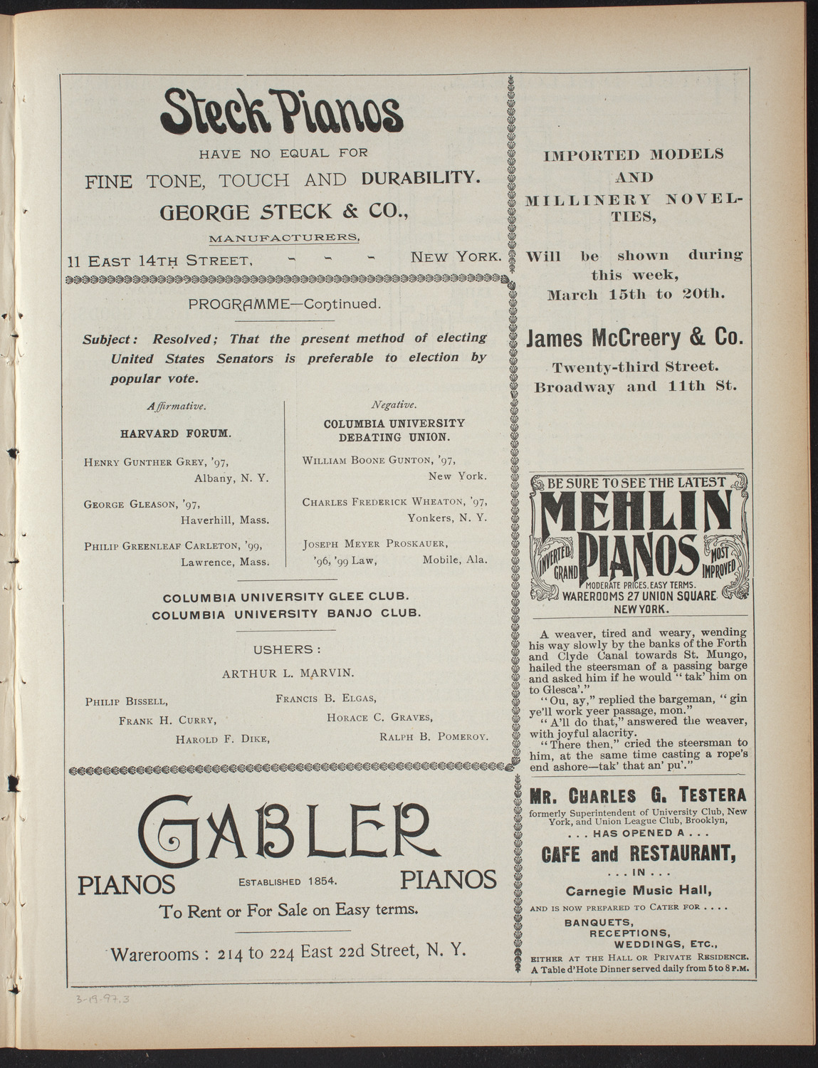 Debate: Harvard Forum and the Columbia University Debating Union, March 19, 1897, program page 5