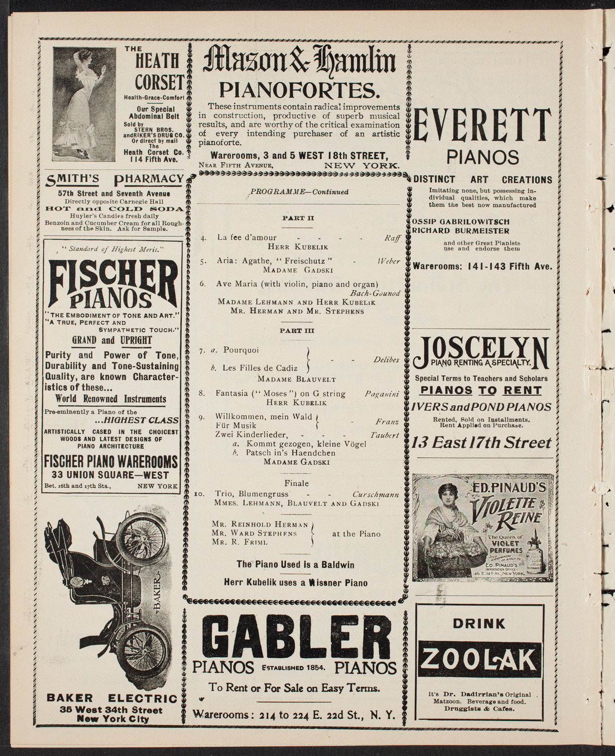 Lilli Lehmann, Johanna Gadski, Lillian Blauvelt, Sopranos, and Jan Kubelik, Violin, February 8, 1902, program page 8