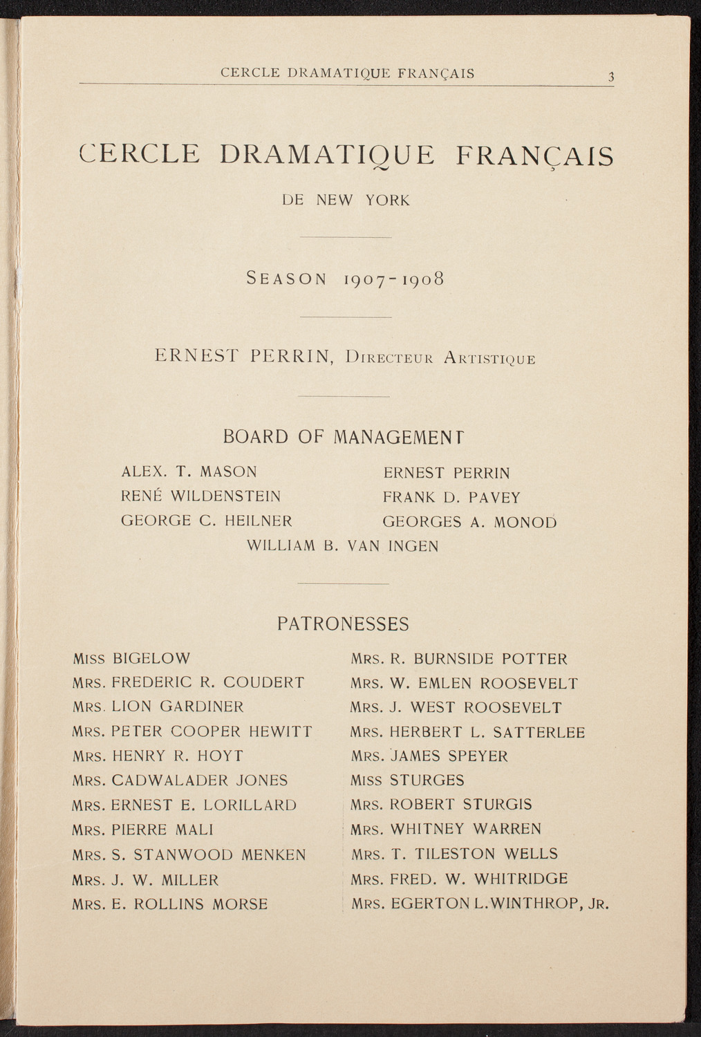 Cercle Dramatique de l'Alliance Française de New York, November 21, 1907, program page 4