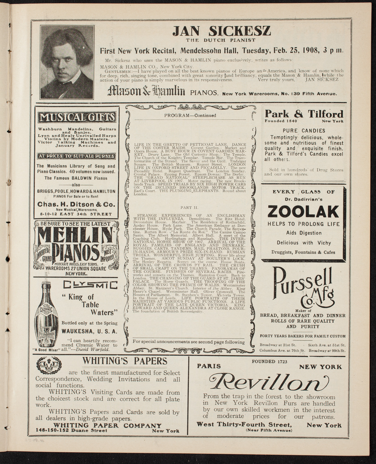 Burton Holmes Travelogue: London, February 2, 1908, program page 7