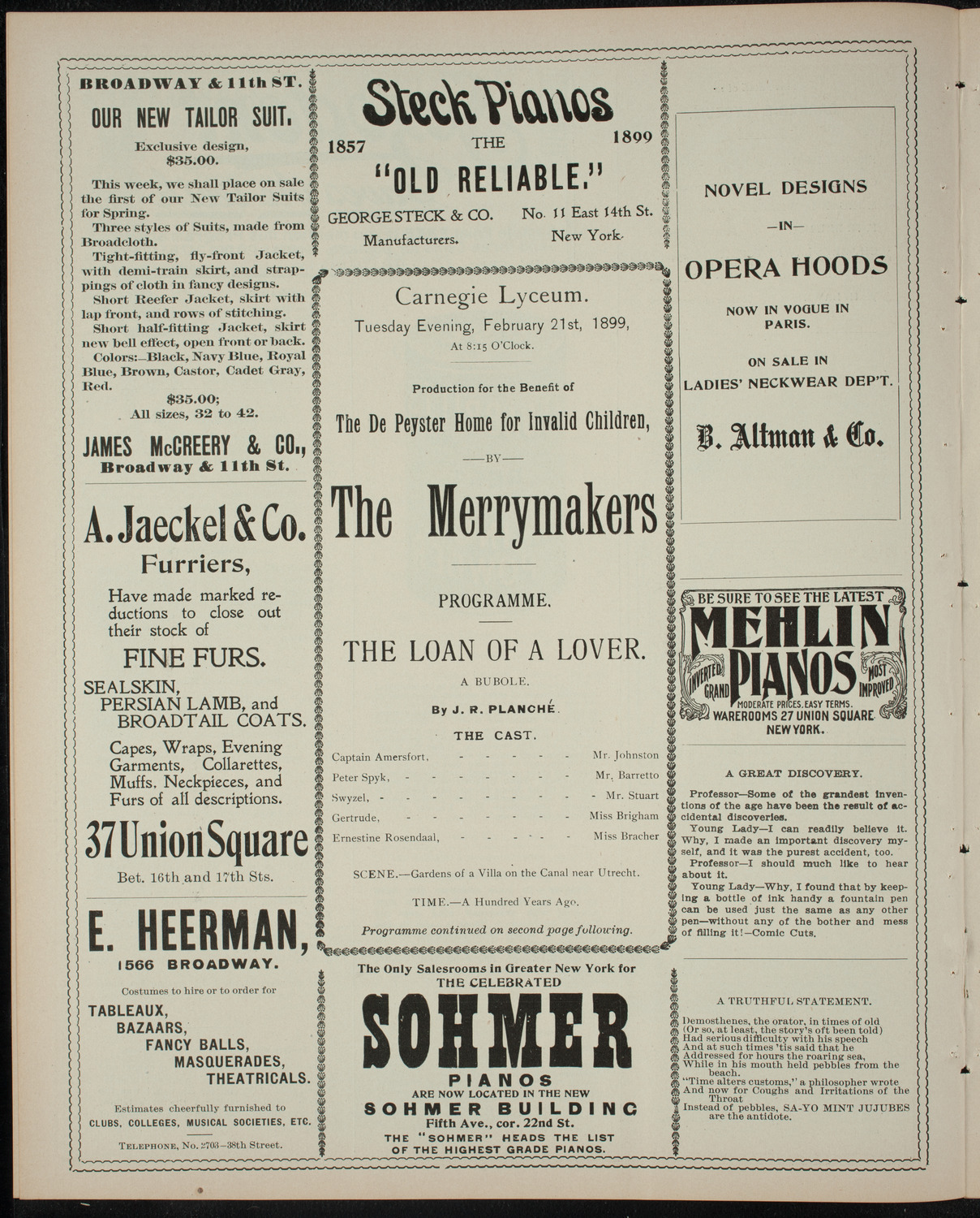 Benefit for the De Peyster Home for Invalid Children by The Merrymakers, February 21, 1899, program page 4