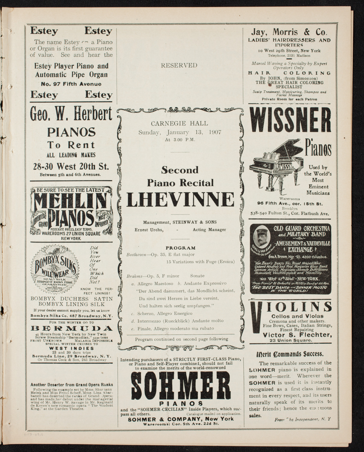 Josef Lhévinne, Piano, January 13, 1907, program page 5