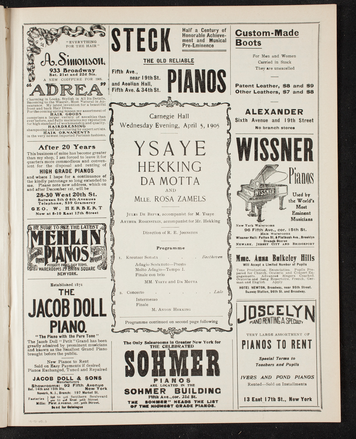 Eugène Ysaÿe, Violin, Anton Hekking, Cello, and Jose Vianna da Motta, Piano with Rosa Zamels, Violin, April 5, 1905, program page 5