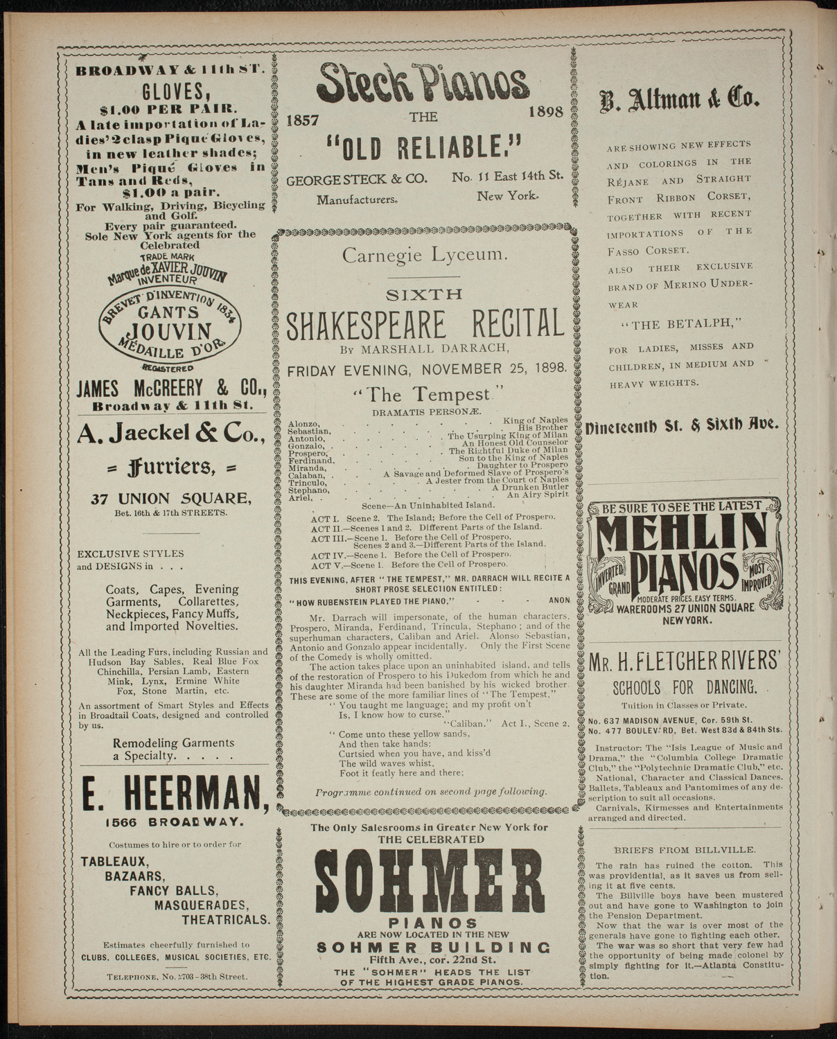 Shakespeare Recital: The Tempest, November 25, 1898, program page 4