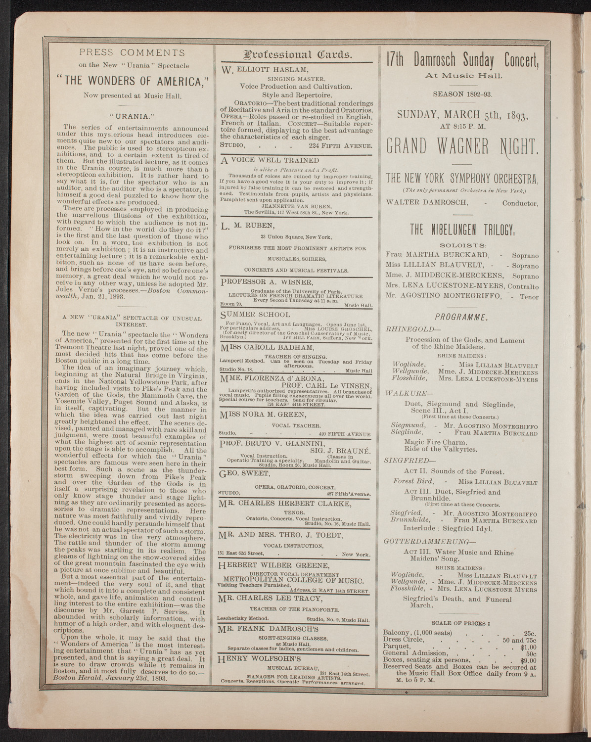 New York Philharmonic, March 4, 1893, program page 2