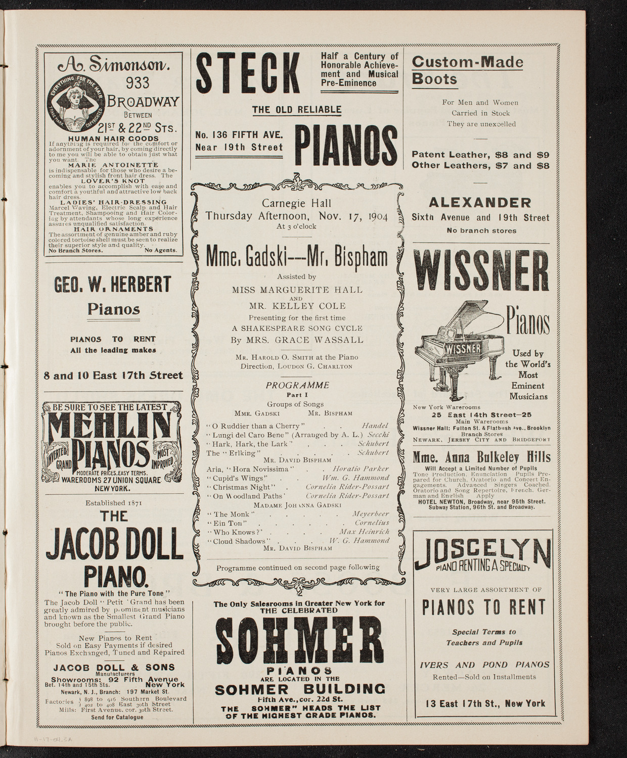 Johanna Gadski, Soprano, and David Bispham, Bass, November 17, 1904, program page 5