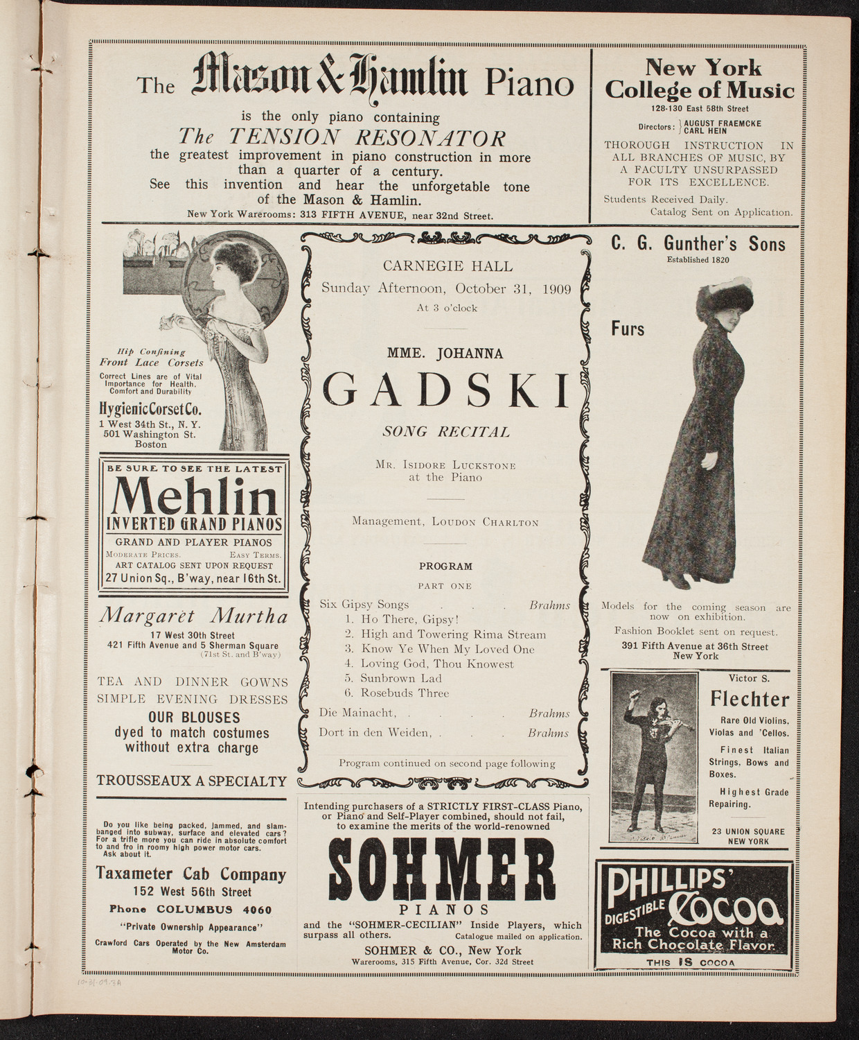 Johanna Gadski, Soprano, October 31, 1909, program page 5