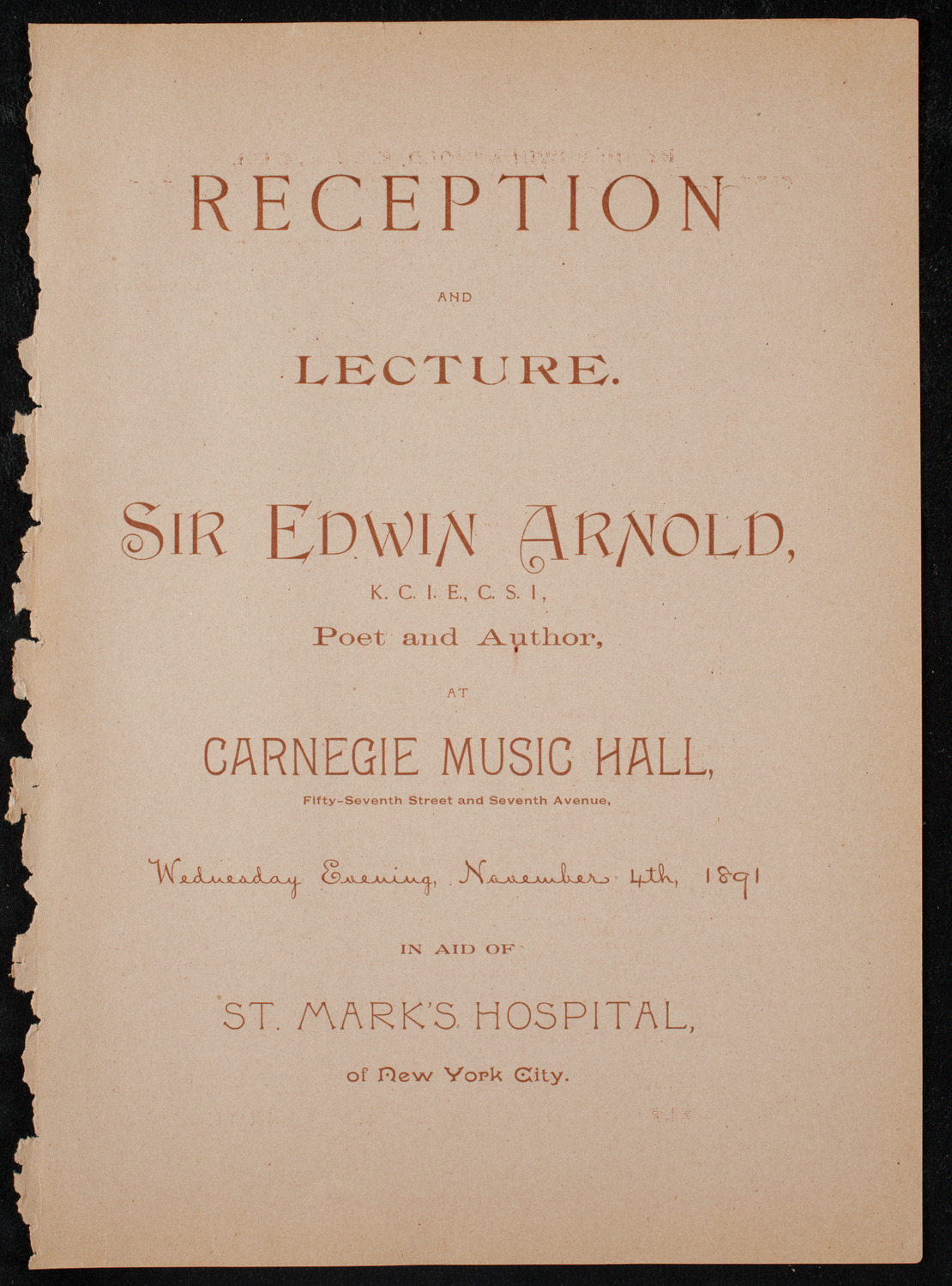 Lecture by Sir Edwin Arnold, November 4, 1891, program page 1
