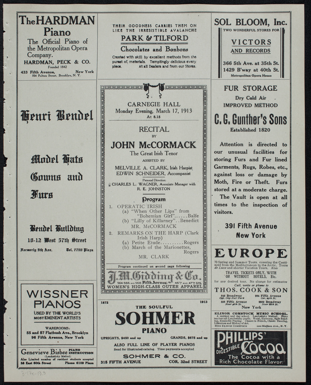 John McCormack, Tenor, March 17, 1913, program page 5