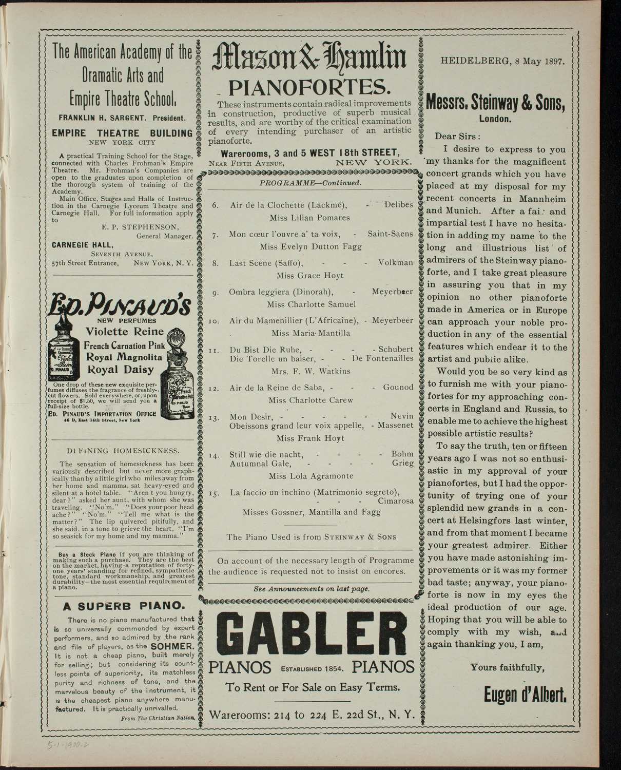 Afternoon Musicale: Emilio Agramonte and his Pupils, May 1, 1900, program page 3