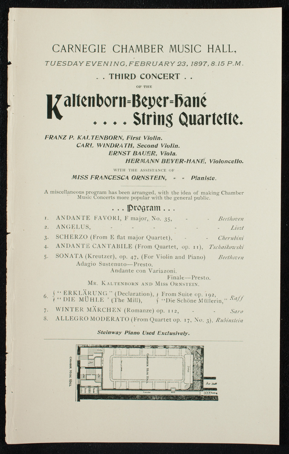 Kaltenborn-Beyer-Hane String Quartet, February 23, 1897, program page 1