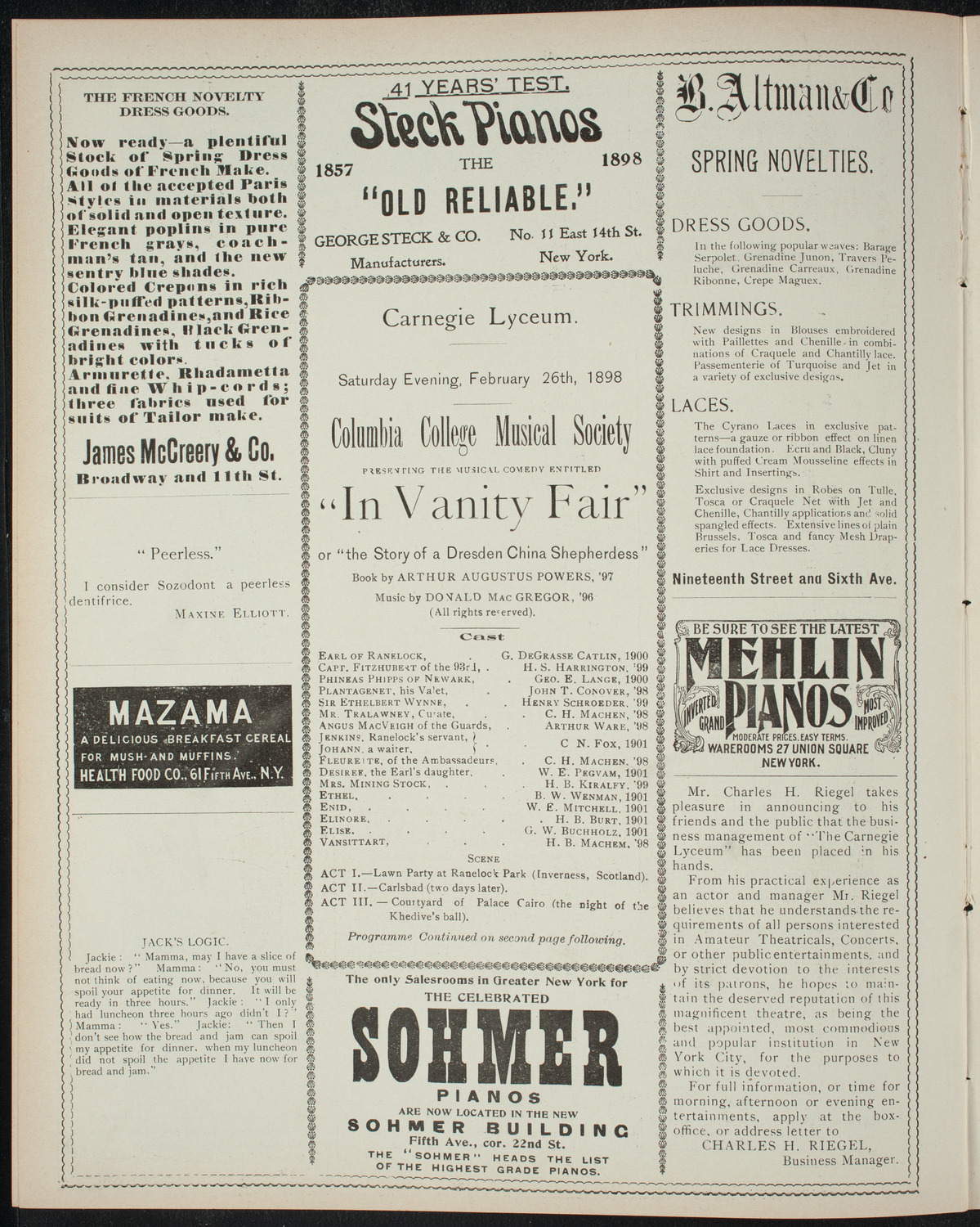 Columbia College Musical Society, February 26, 1898, program page 4