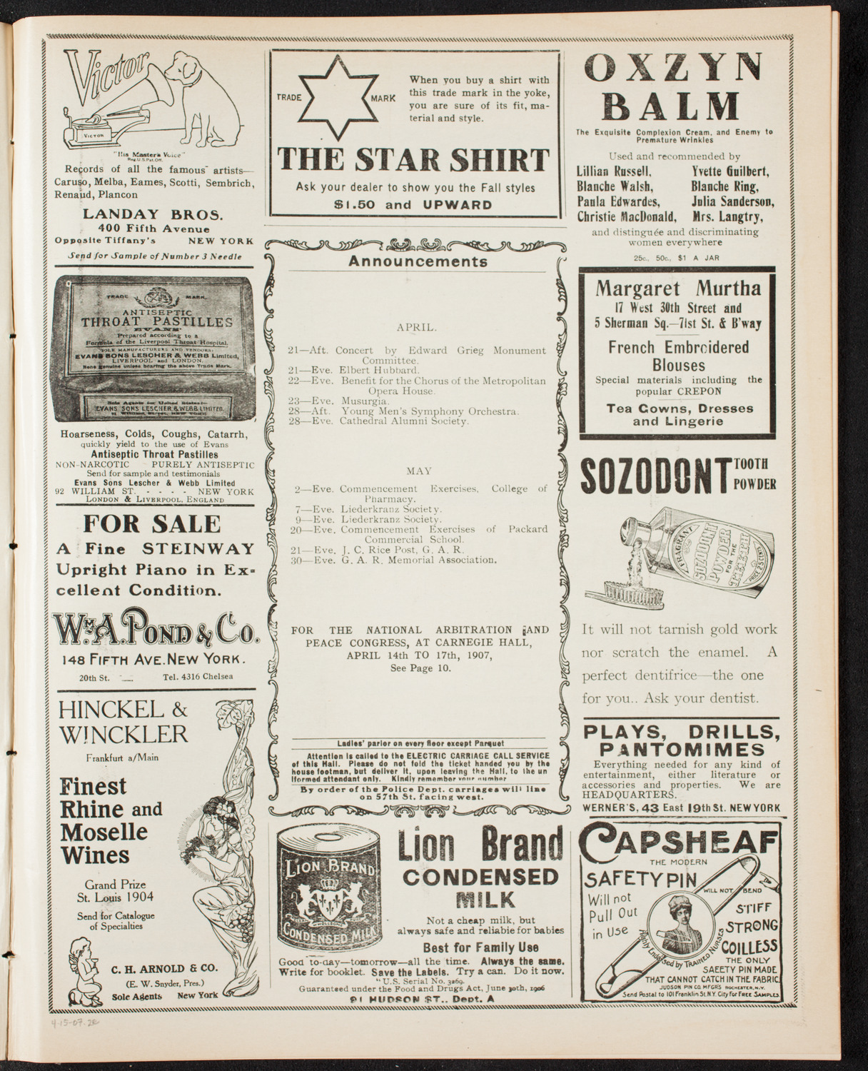 National Arbitration and Peace Congress, April 15, 1907, program page 3