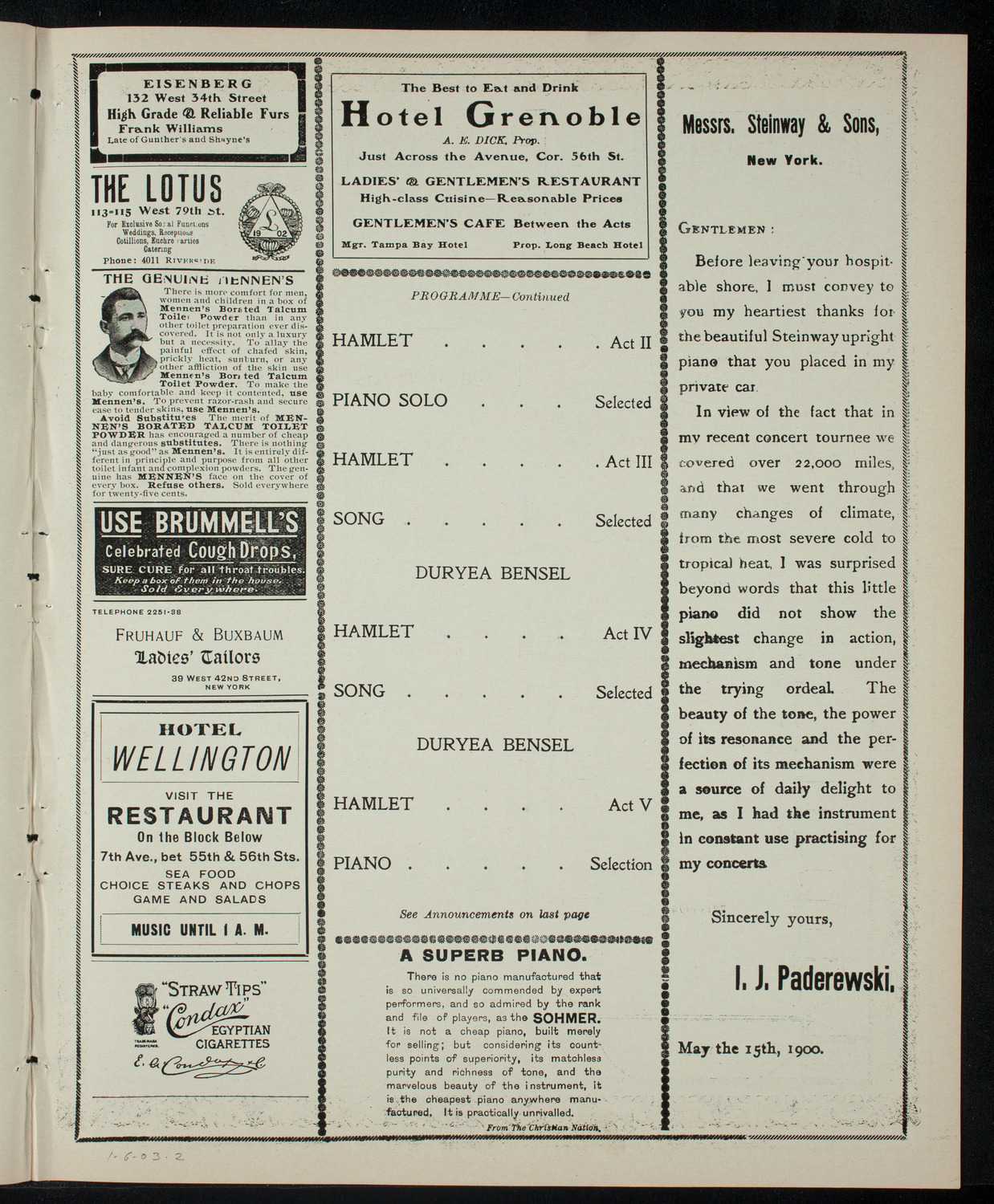 Jennie Folsom Morrill in Her Stage Version of "Hamlet", January 6, 1903, program page 3