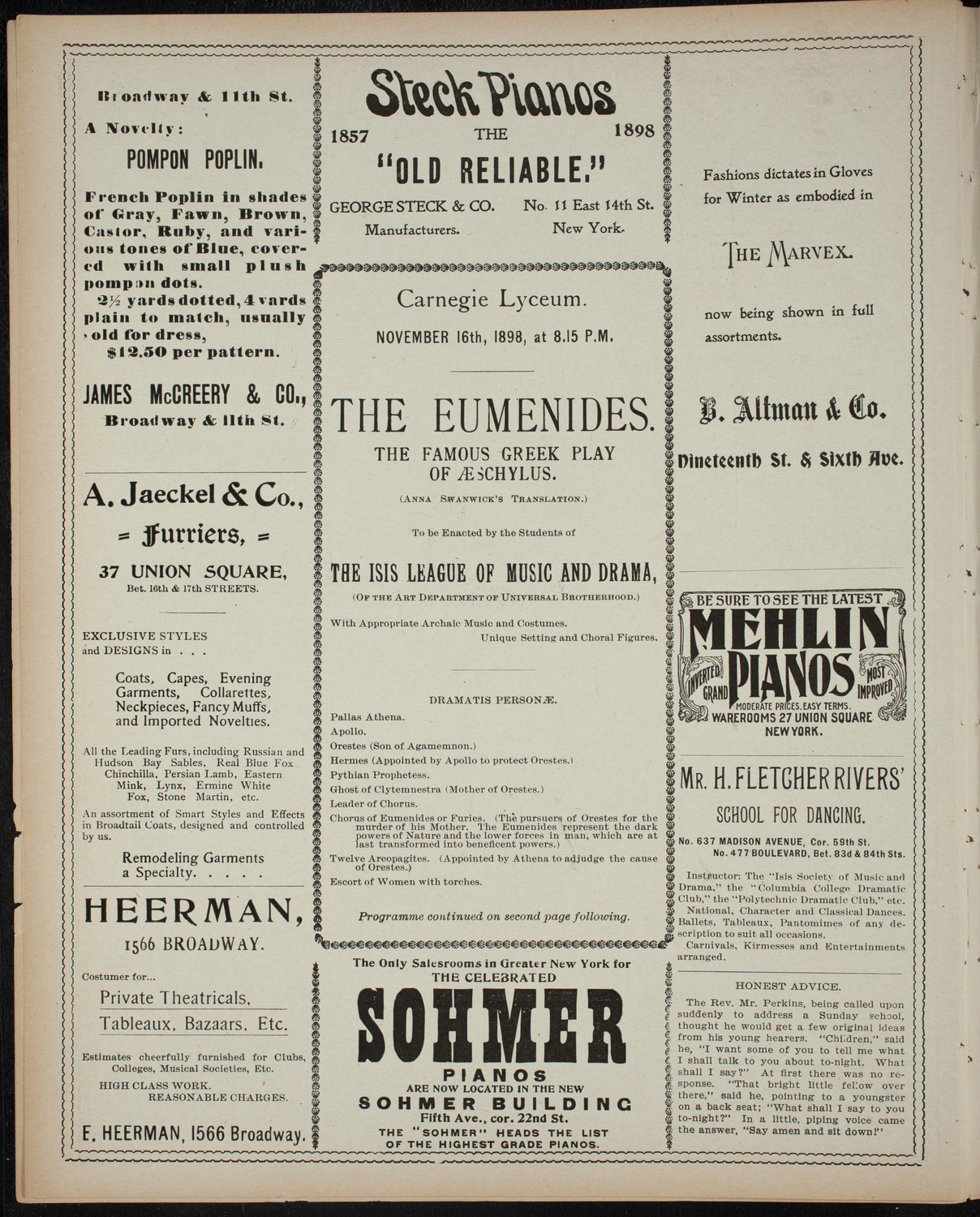 Isis League of Music and Drama Student Production, November 16, 1898, program page 4