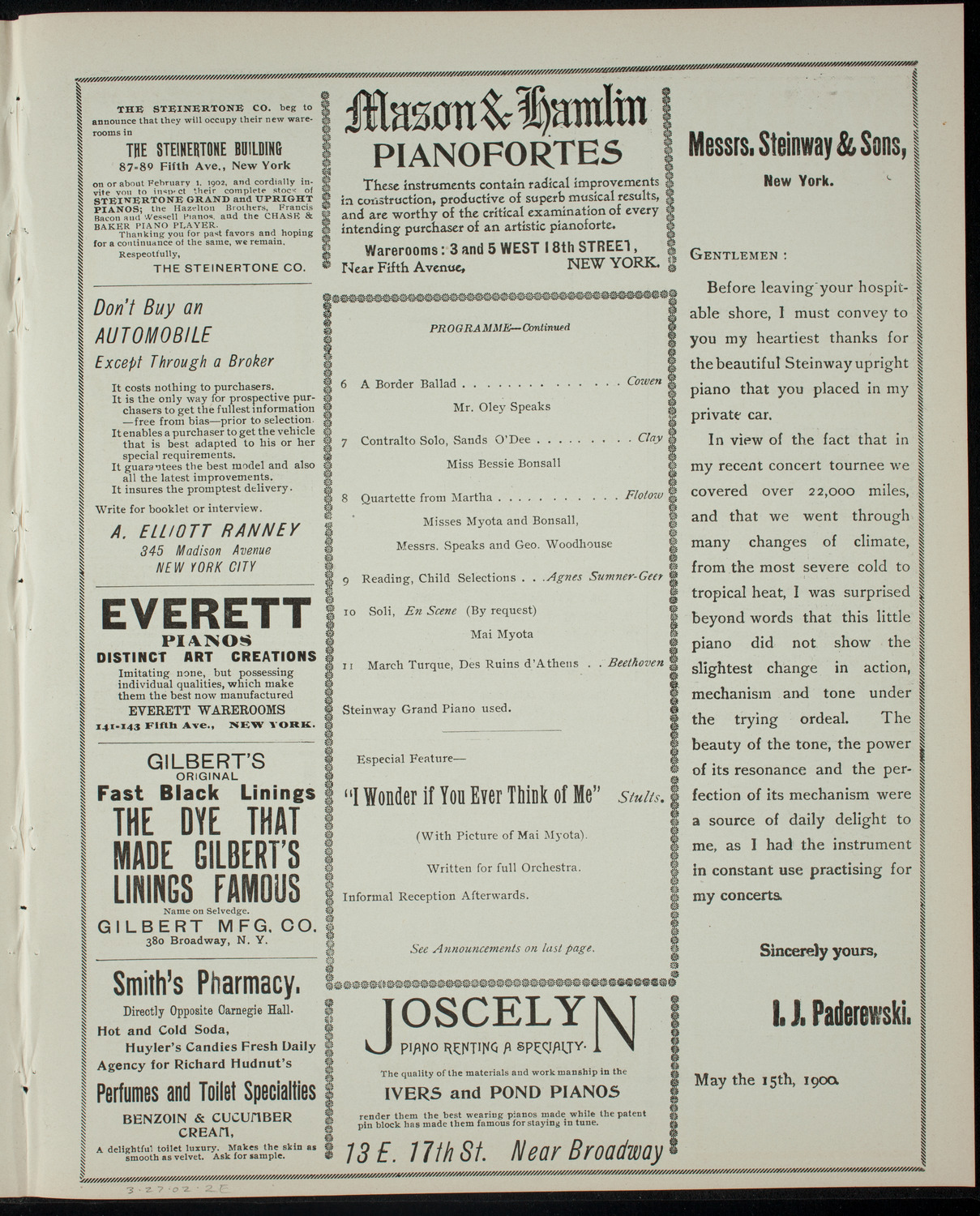 Grand Concert featuring Miss Mai Myota, March 27, 1902, program page 3