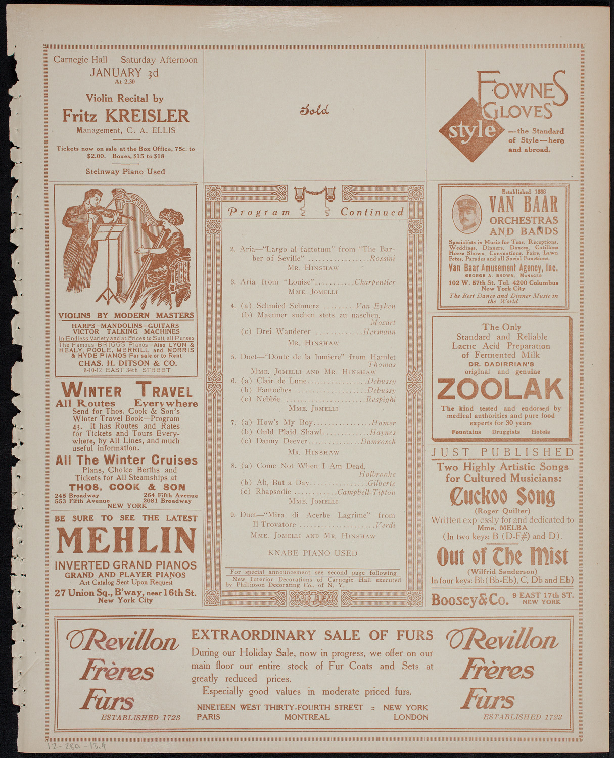 Jeanne Jomelli, Soprano, and William Hinshaw, Baritone, December 28, 1913, program page 7