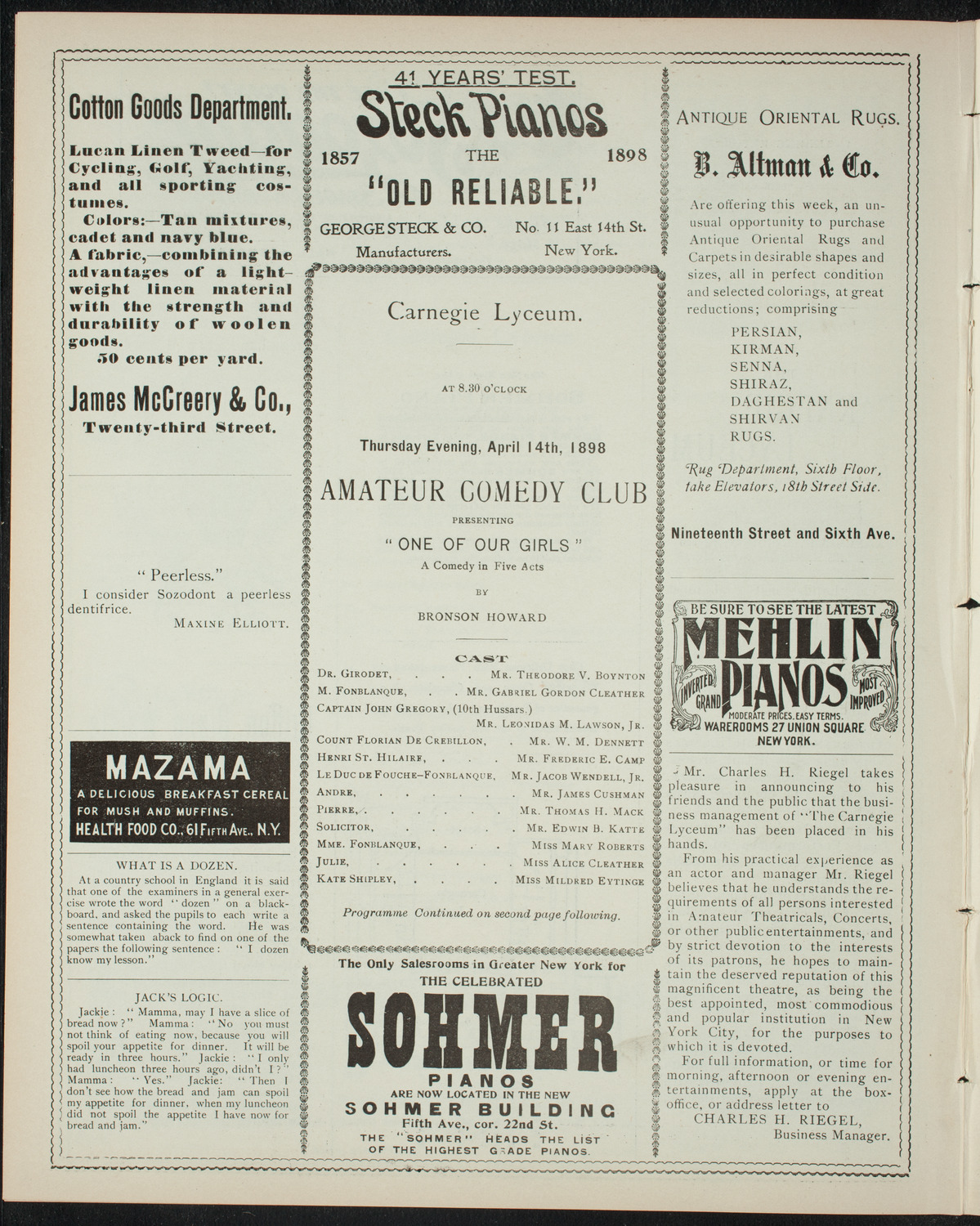 Amateur Comedy Club, April 14, 1898, program page 4