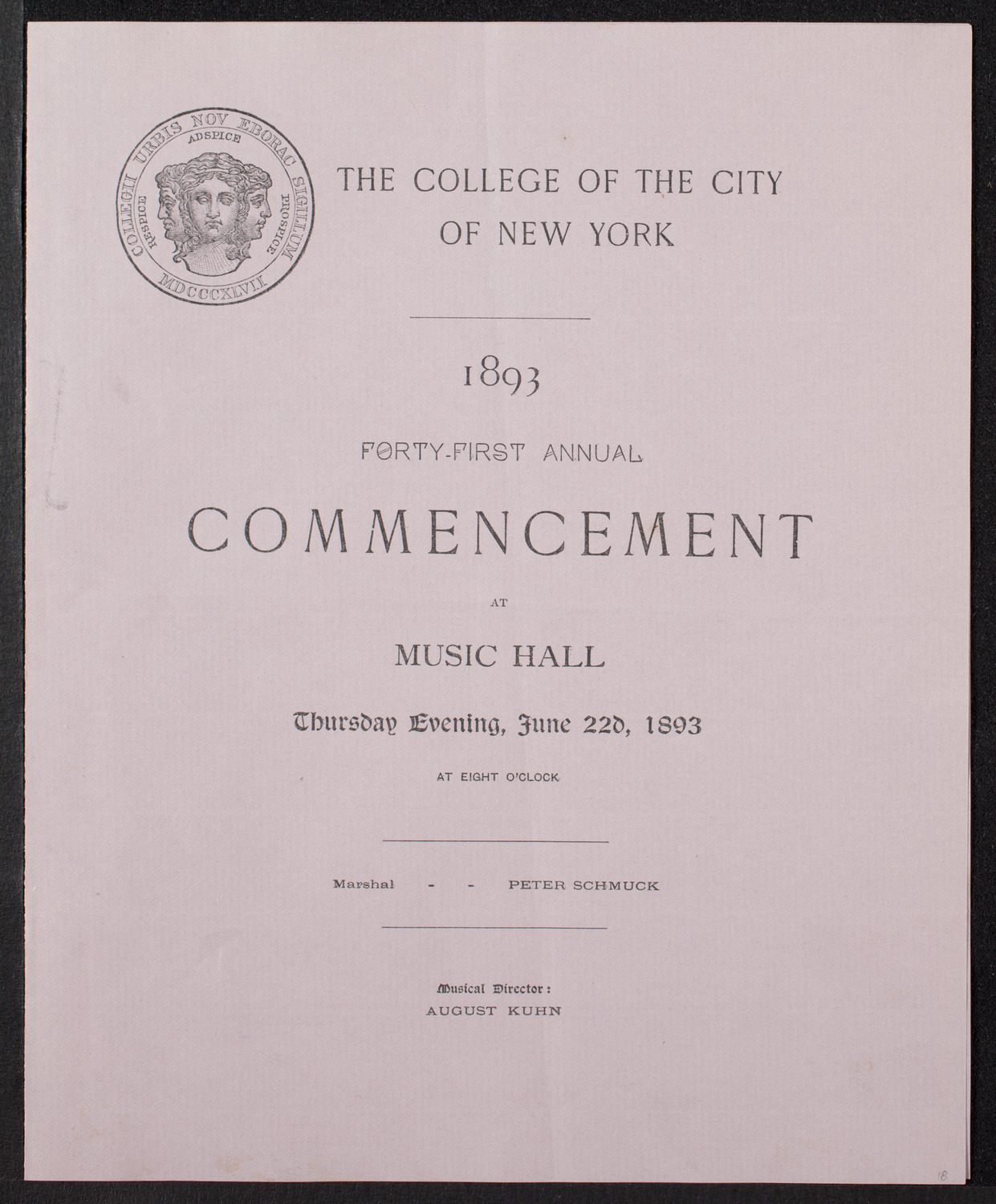 Graduation: College of the City of New York, June 22, 1893, program page 1