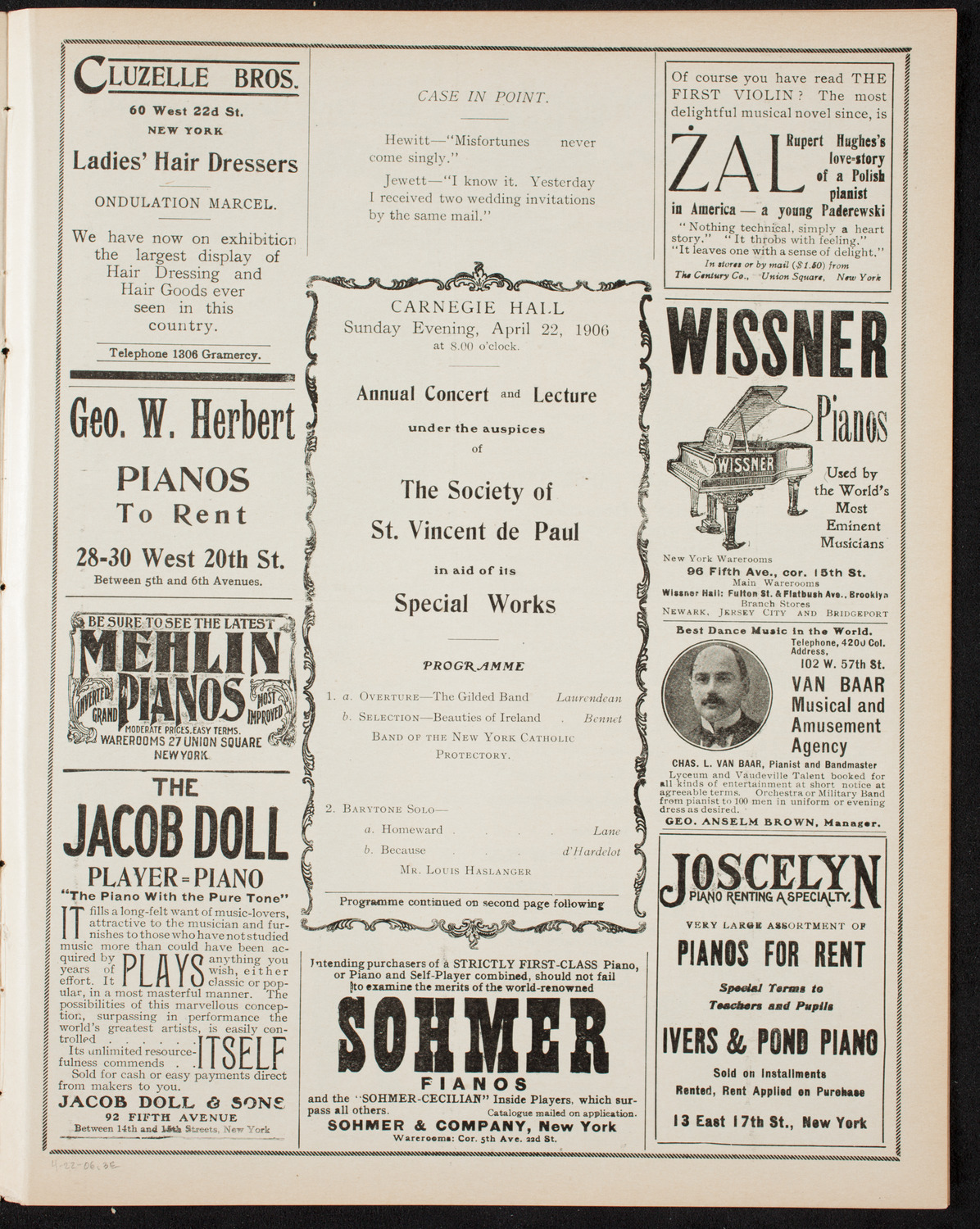 Benefit Concert and Lecture: Society of St. Vincent de Paul, April 22, 1906, program page 5