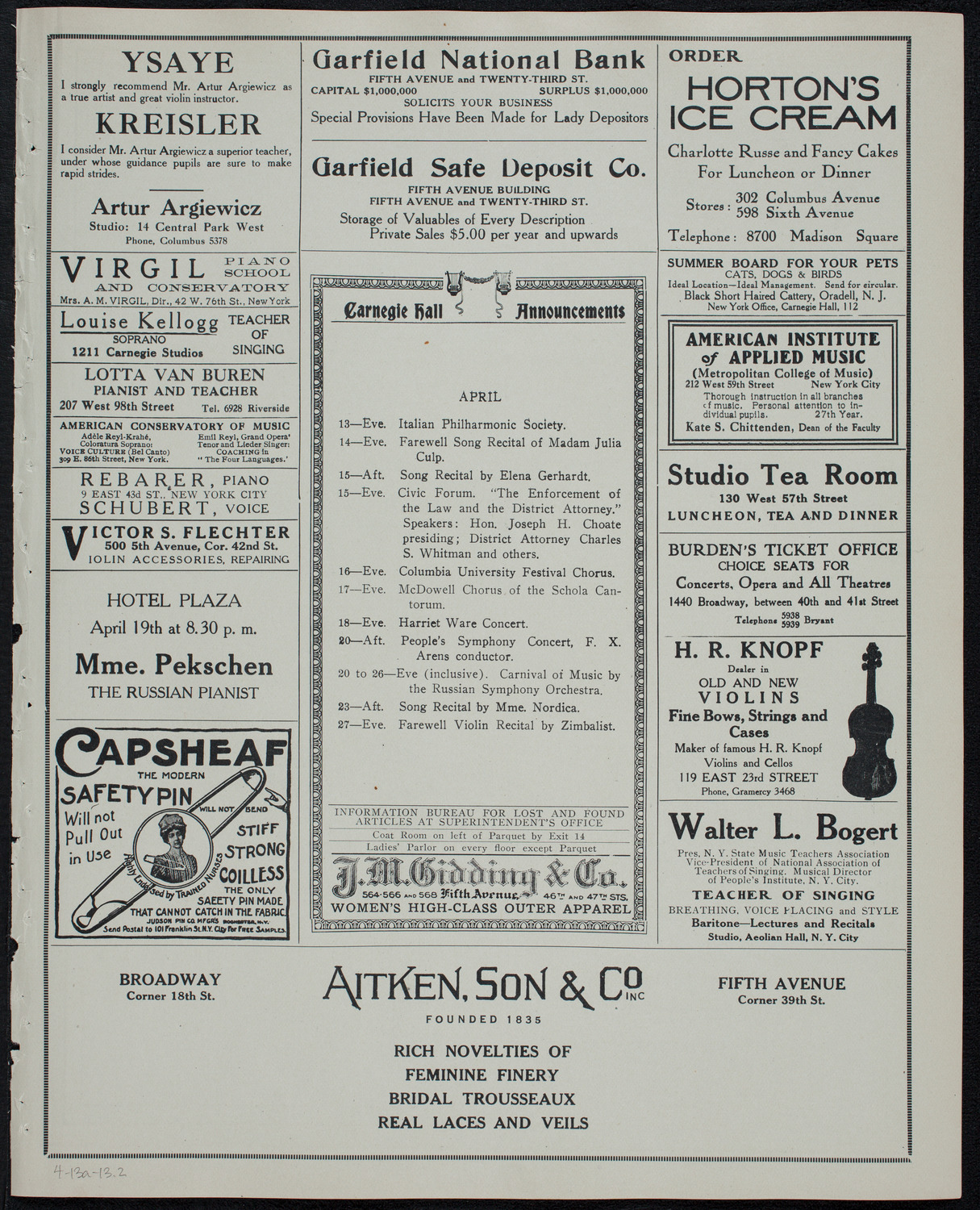 Eugène Ysaÿe, Violin, April 13, 1913, program page 3