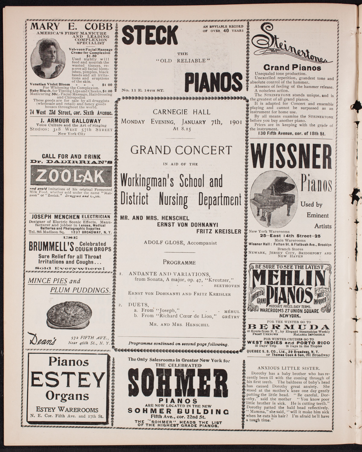 Benefit: Workingman's School and District Nursing Department, January 7, 1901, program page 4