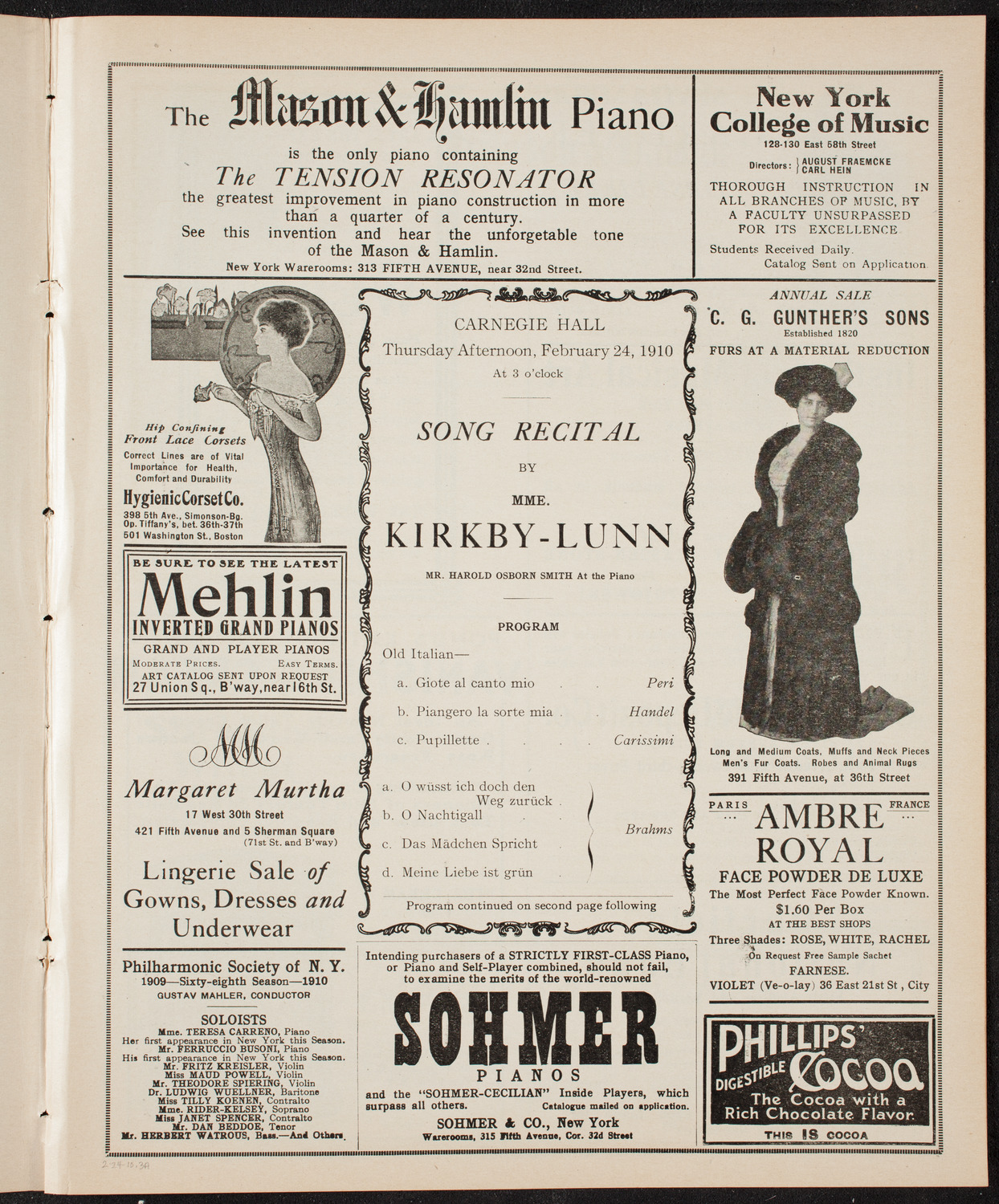 Louise Kirkby-Lunn, Mezzo-Soprano, February 24, 1910, program page 5