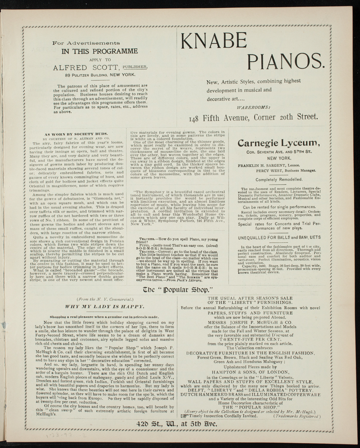 Benefit: Post-Graduate Hospital of New York, January 28, 1897, program page 3