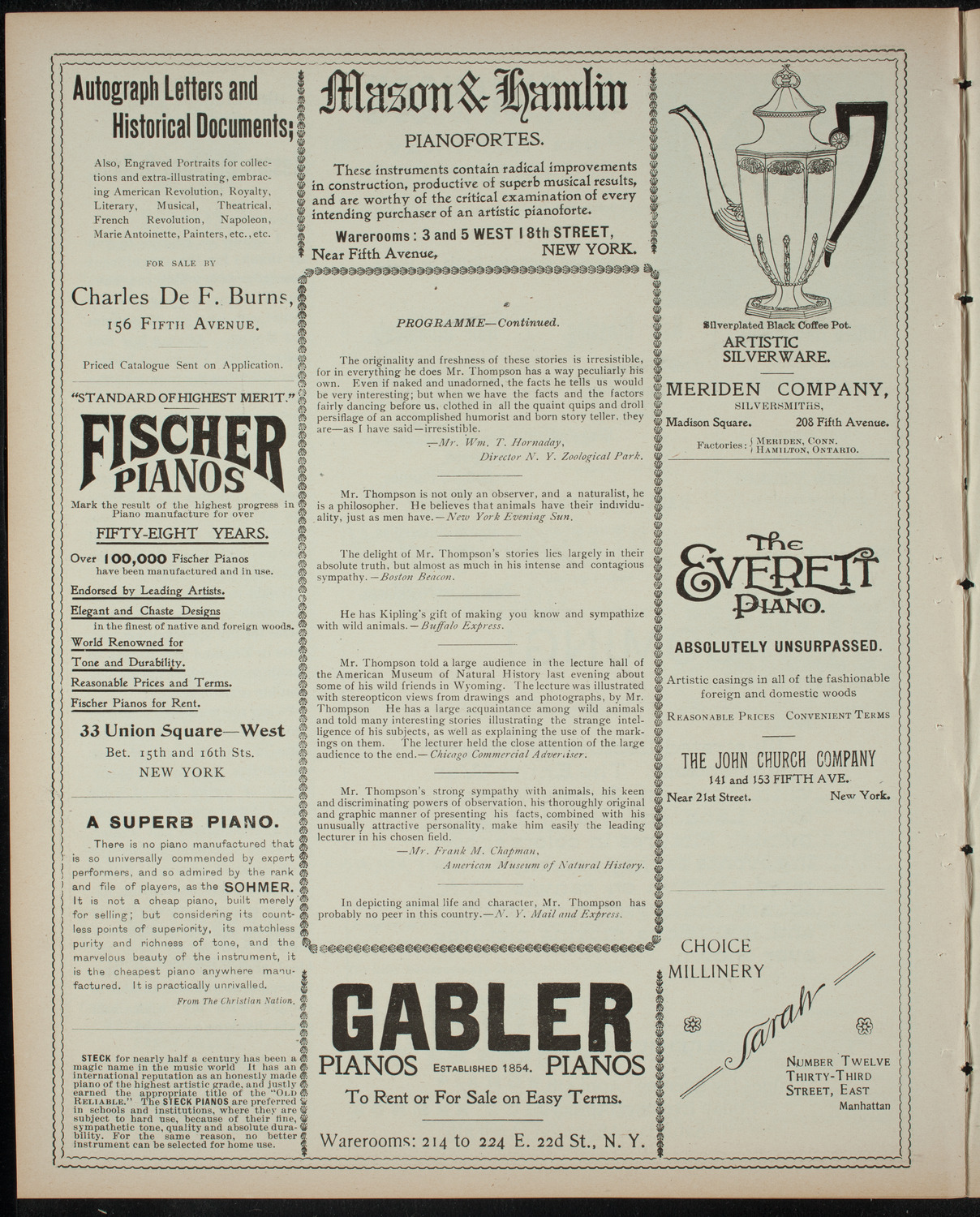 Lecture on Wild Animals of Wyoming, April 4, 1899, program page 6