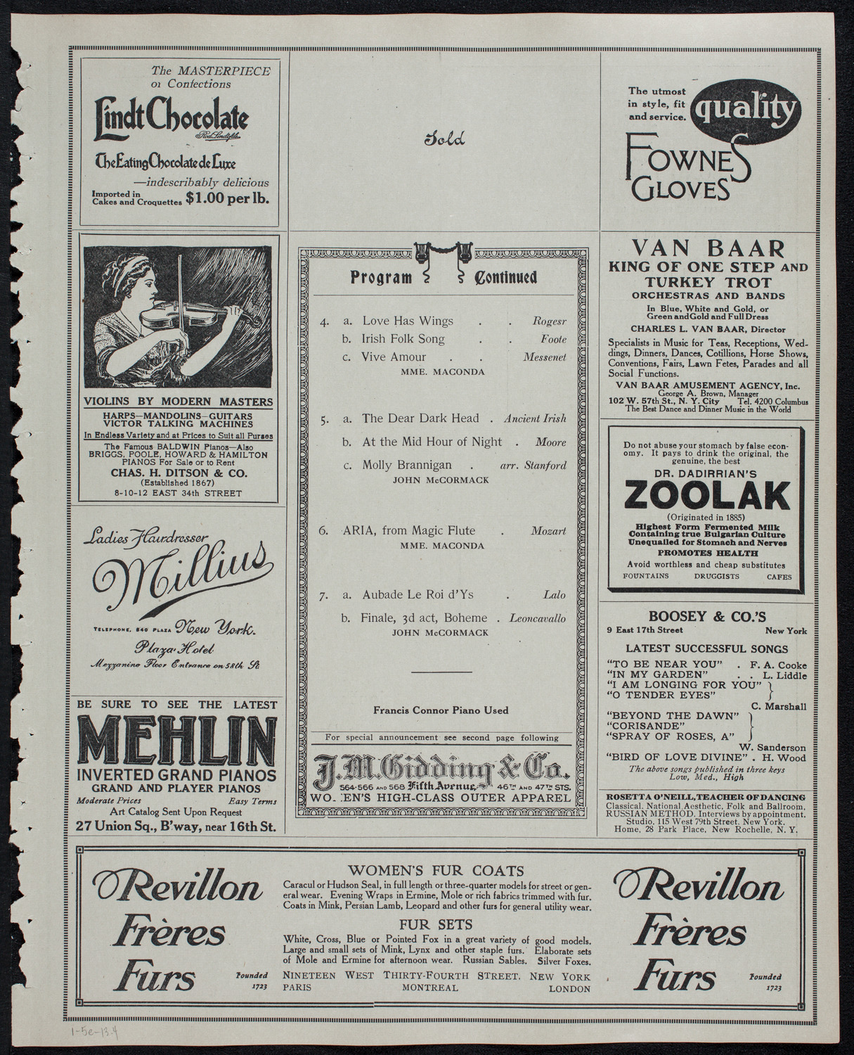 John McCormack, Tenor, January 5, 1913, program page 7