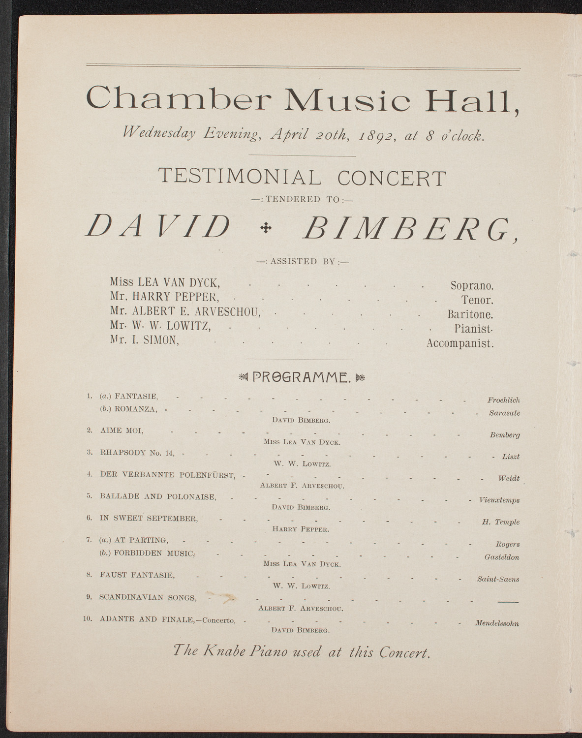 David Bimberg, April 20, 1892, program page 6