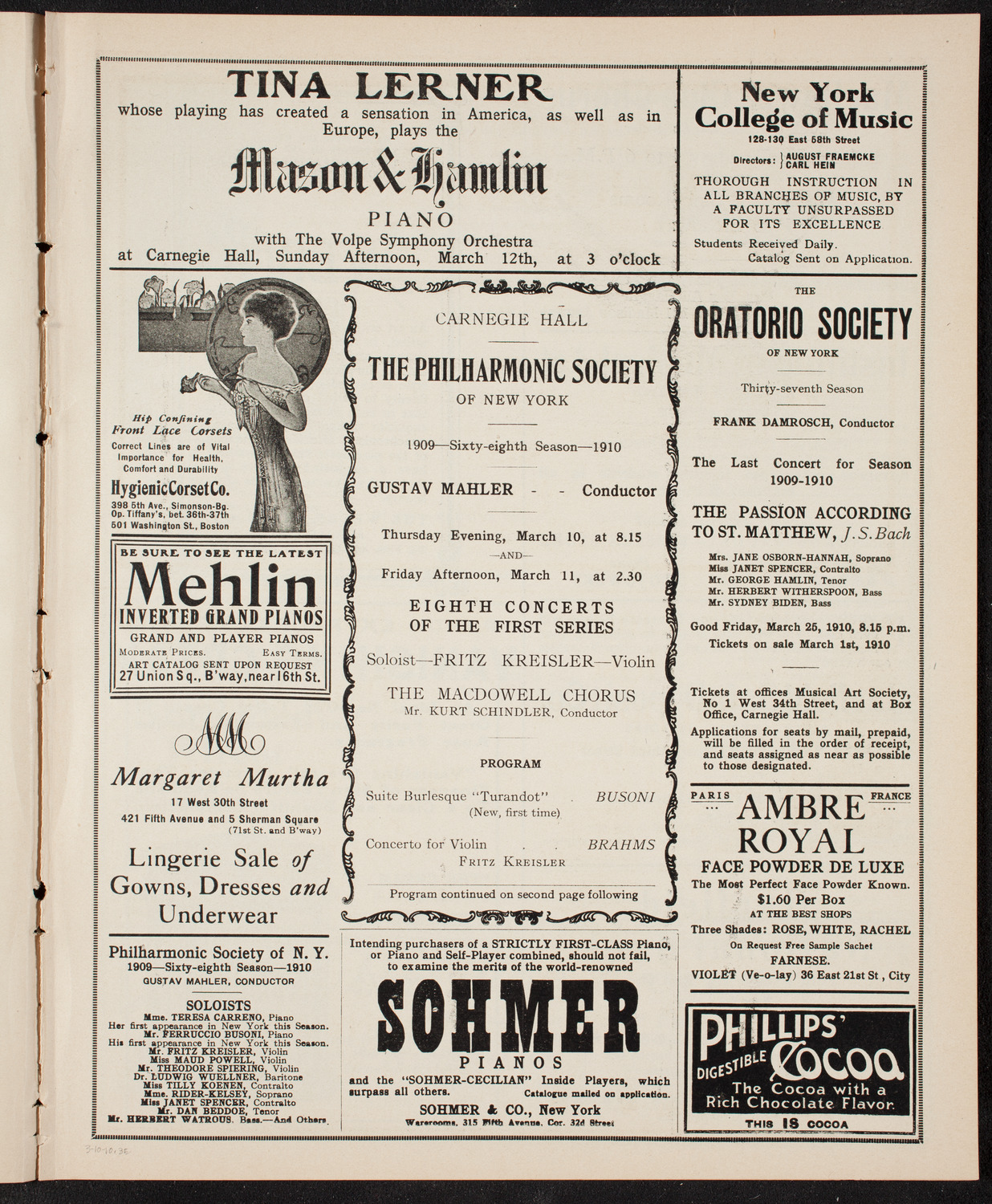 New York Philharmonic, March 10, 1910, program page 5