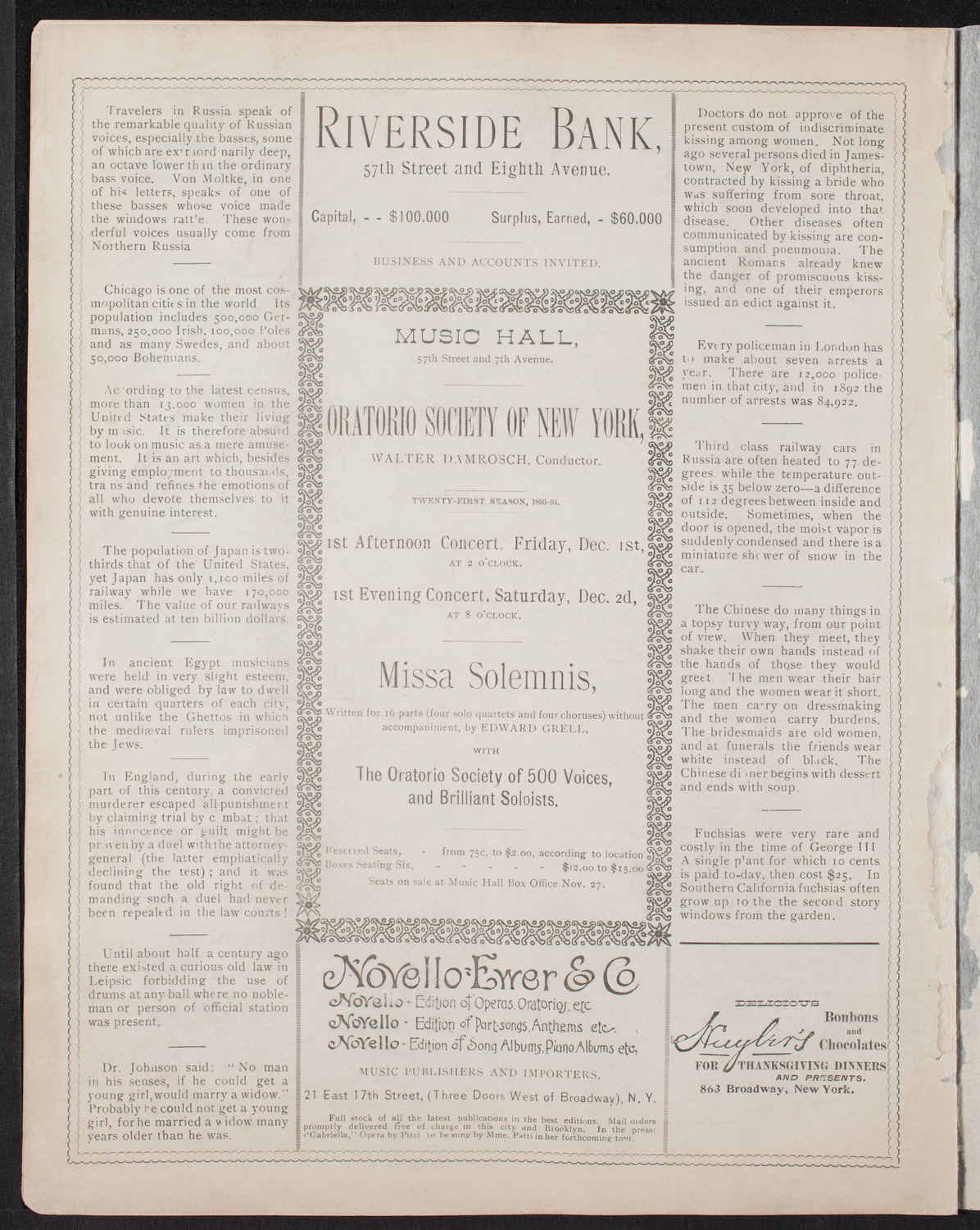 Damrosch Sunday Concert, November 19, 1893, program page 6