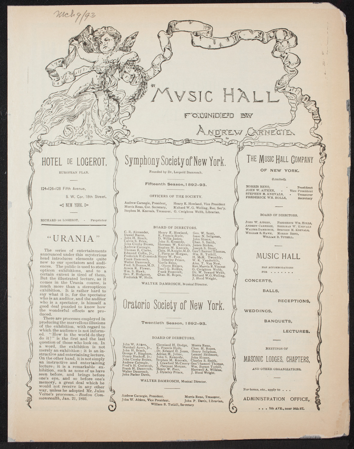 Beethoven String Quartet, March 9, 1893, program page 1