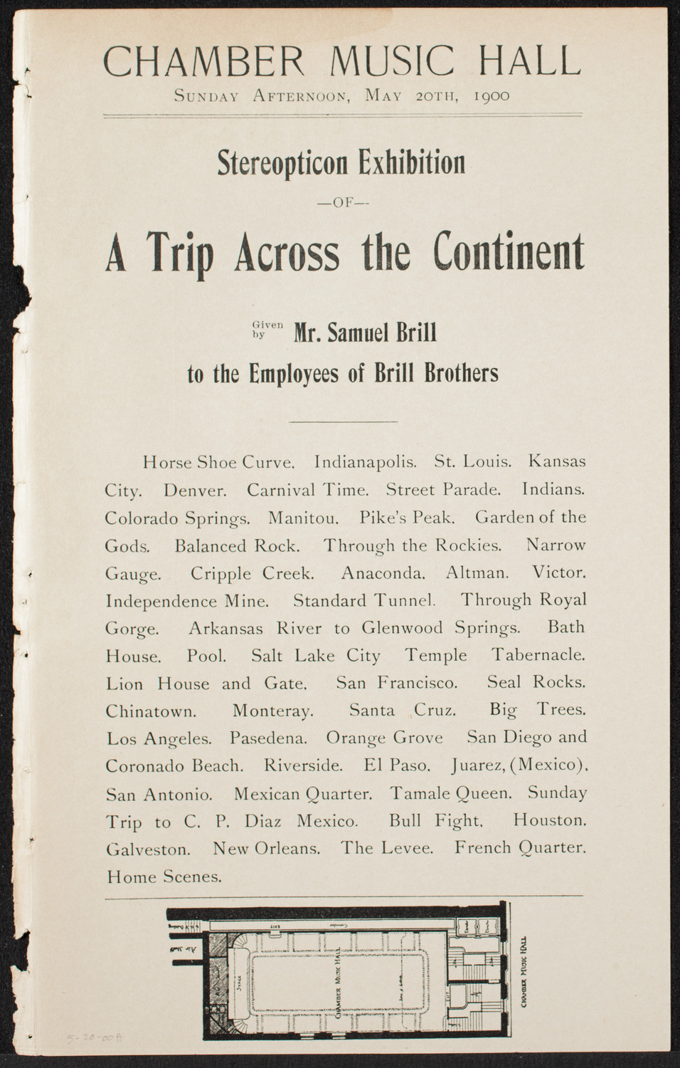 Stereopticon Exhibition: A Trip Across the Continent, May 20, 1900, program page 1