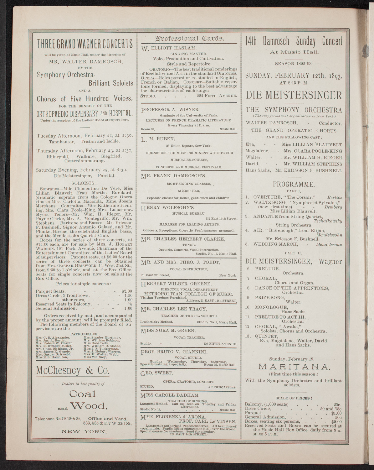 New York Philharmonic, February 10, 1893, program page 2