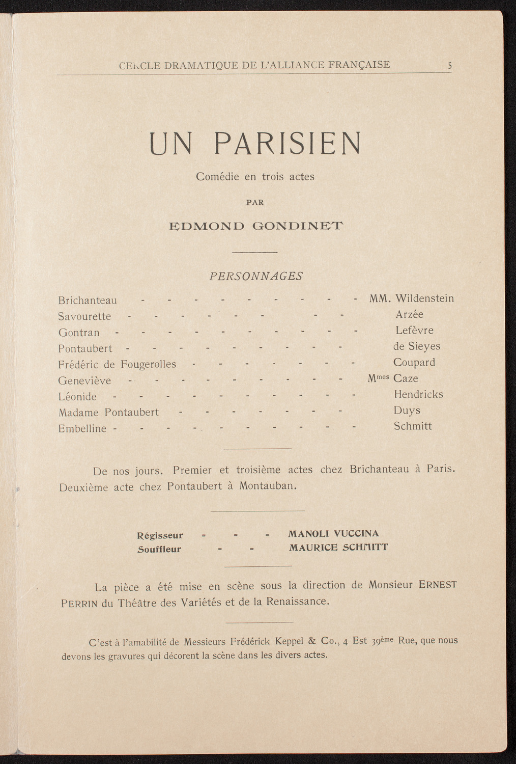 Cercle Dramatique de l'Alliance Française de New York, March 25, 1909, program page 5