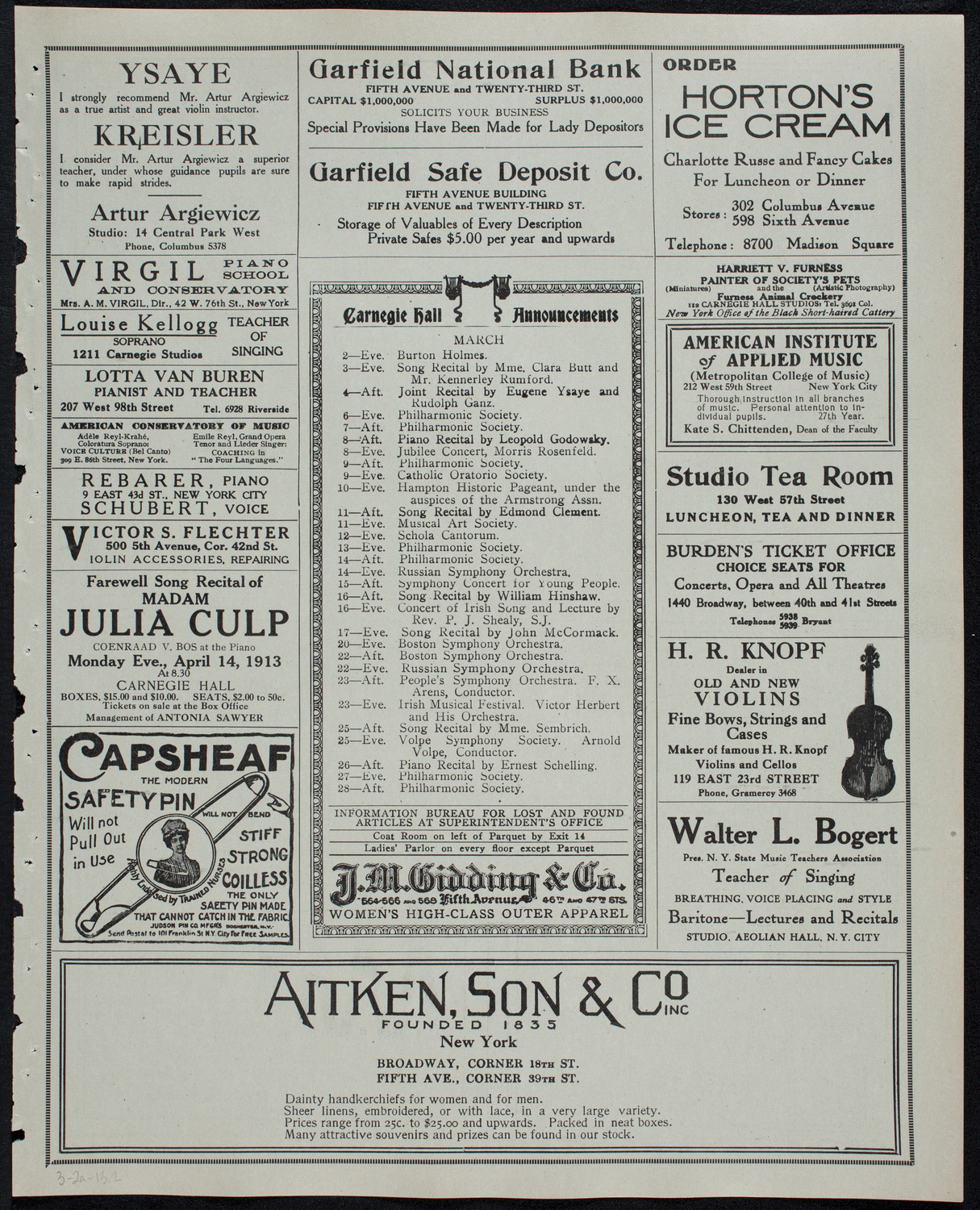 New York Philharmonic, March 2, 1913, program page 3