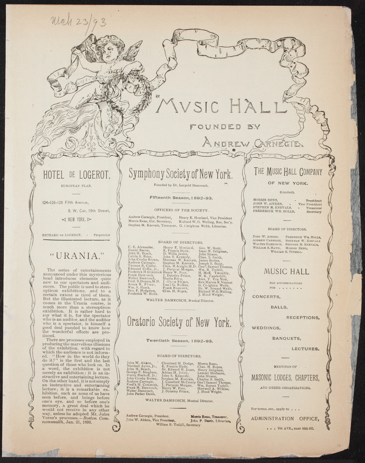 Walter J. Hall, March 23, 1893, program page 1