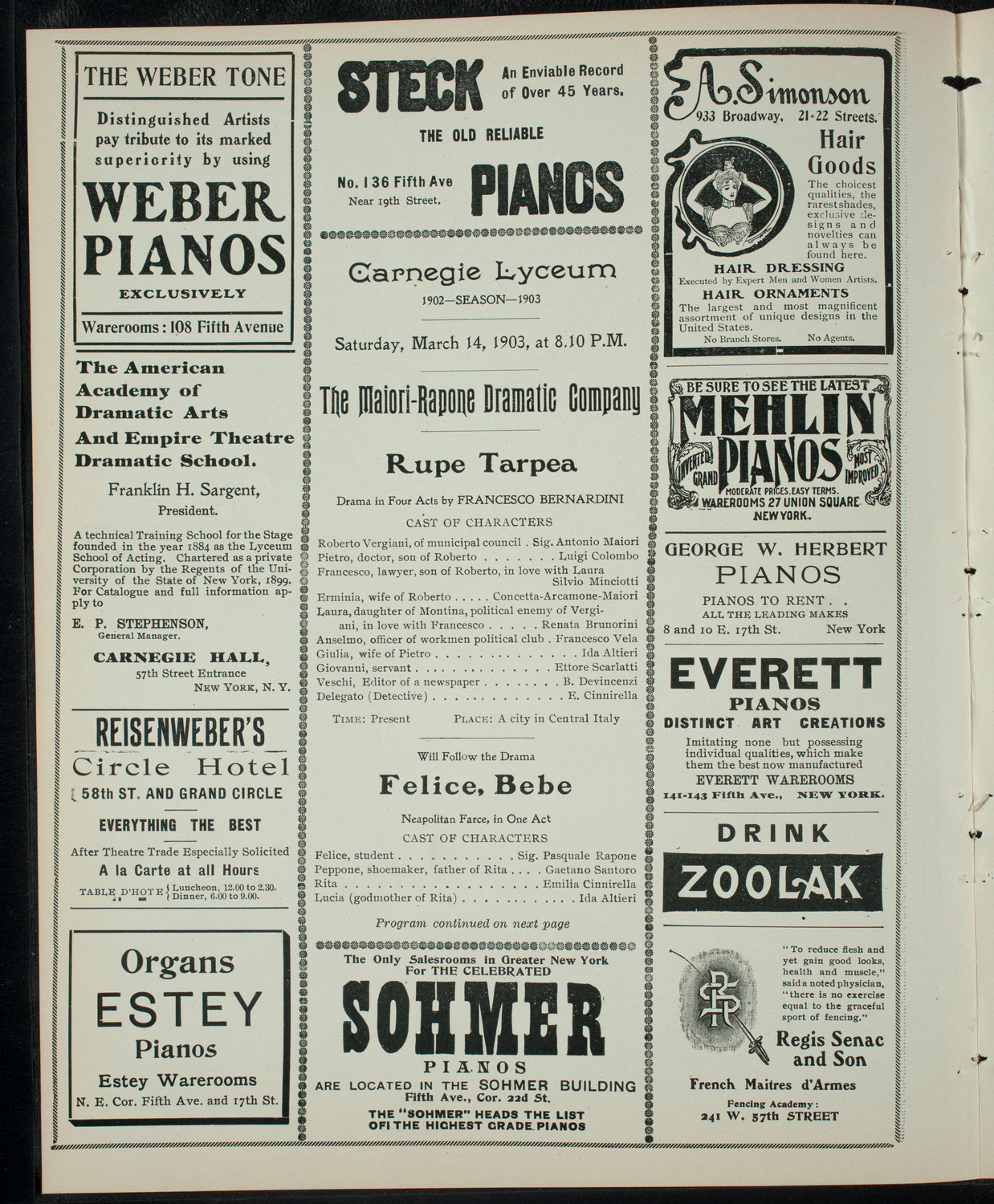 Maiori-Rapone Dramatic Company, March 14, 1903, program page 2